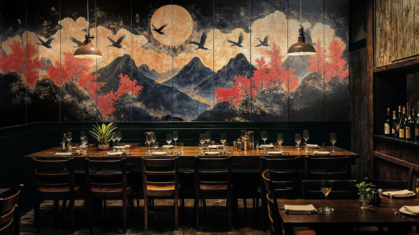Oriental Cranes and Moon Night Sky Wall Mural, Japanese Inspired Scenic Wallpaper - WMH470