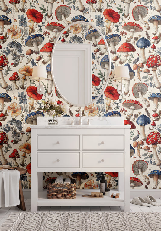 Colorful Mushroom Wallpaper – Hand-Drawn Botanical Fungi Design for Nature Lovers - WMH454