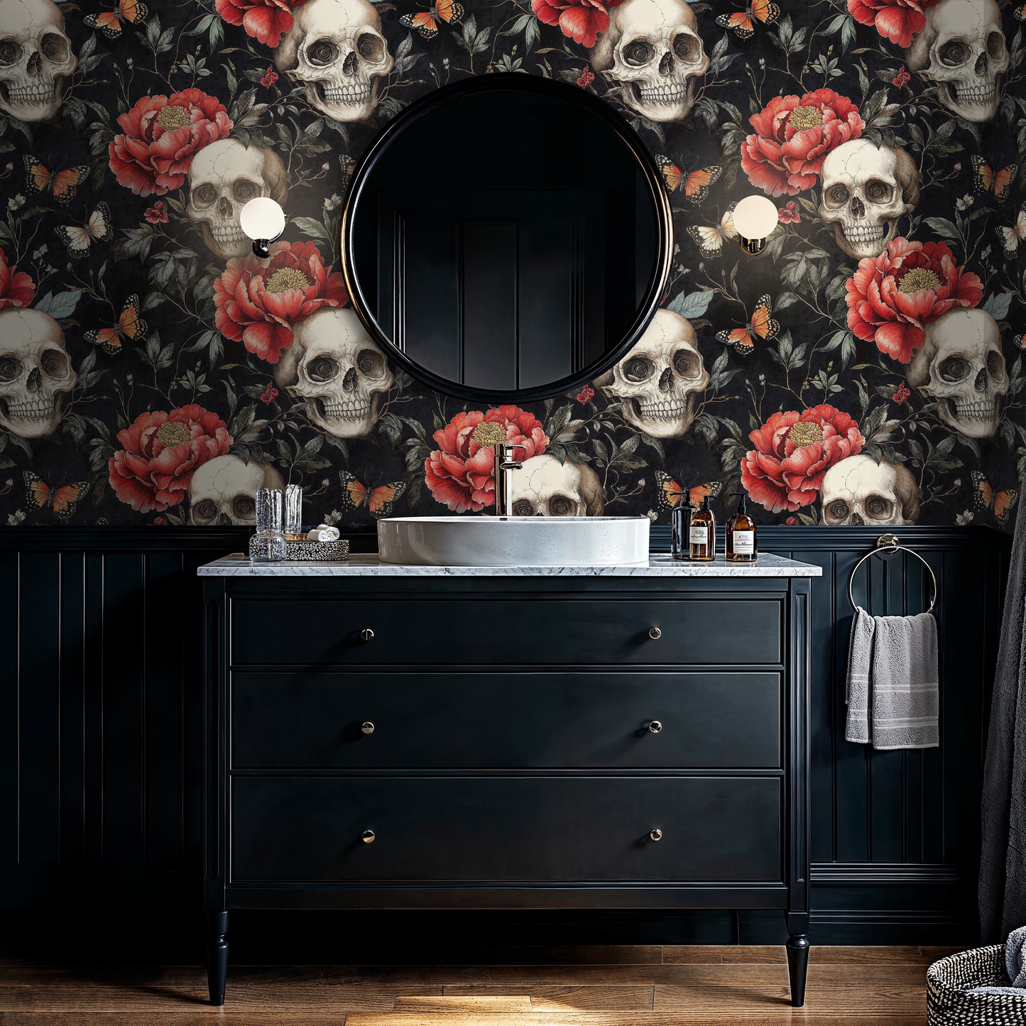Gothic Skull and Roses Wallpaper - Dark Romantic Floral Art - WMH462