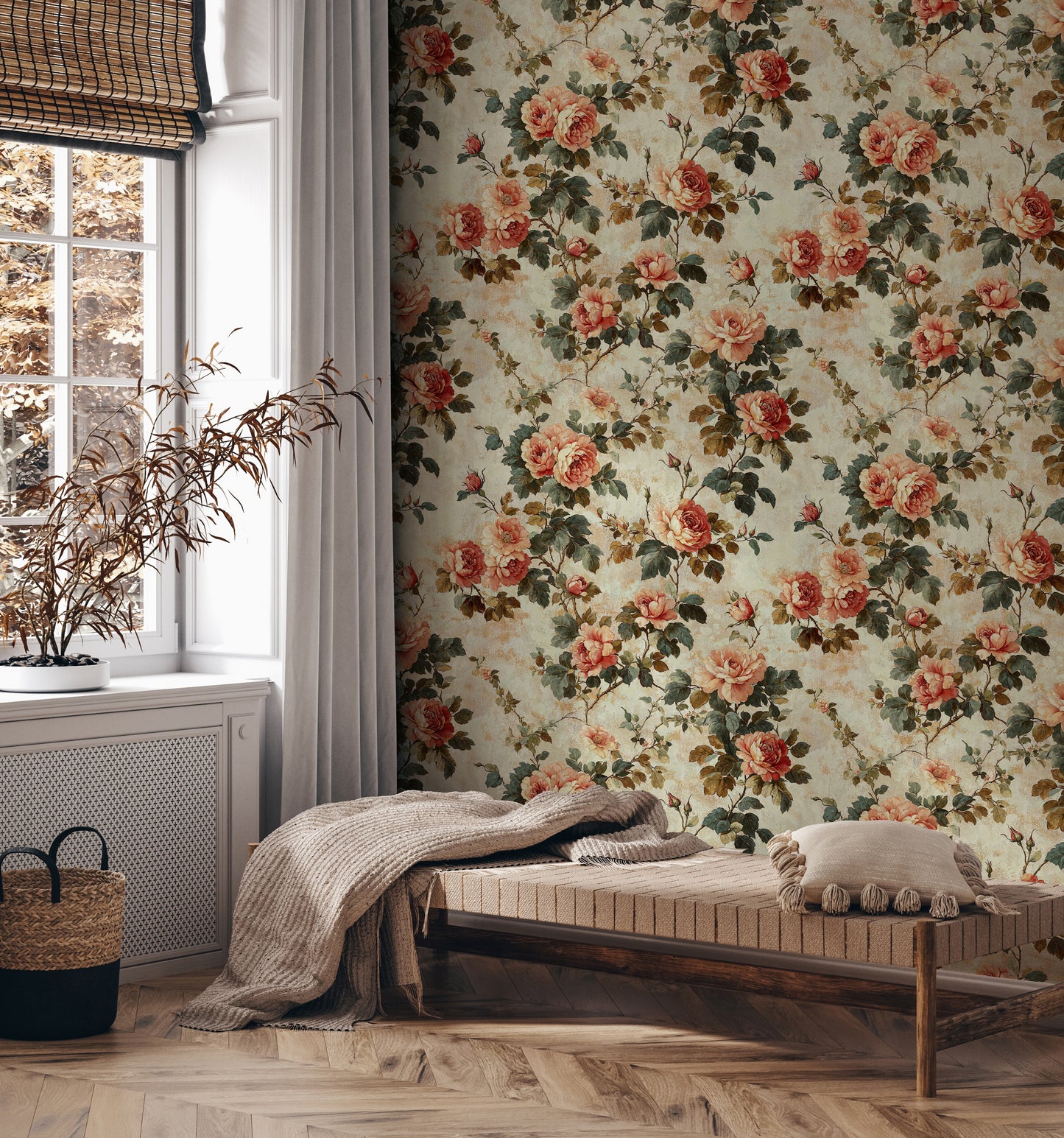 Vintage Rose Garden Wallpaper – Romantic Floral Pattern with Antique Texture - WMH445