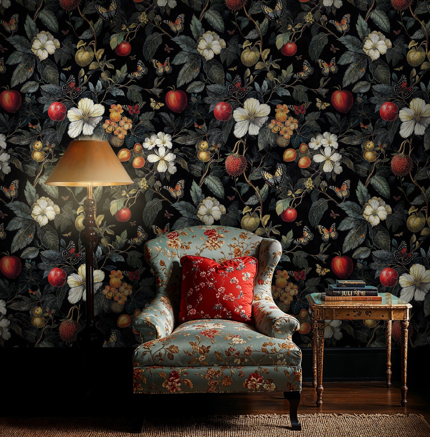Dark Moody Botanical Fruits Wallpaper - Vintage Floral and Fruits Pattern - WMH468