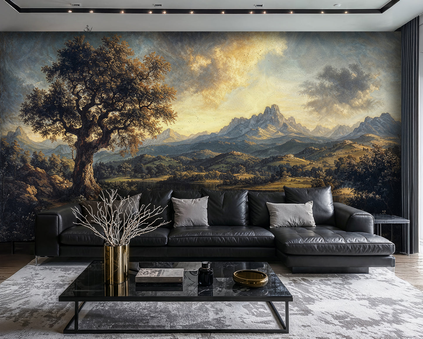 Vintage Landscape Wall Mural – Dramatic Mountain and Tree Scenery - WMH418