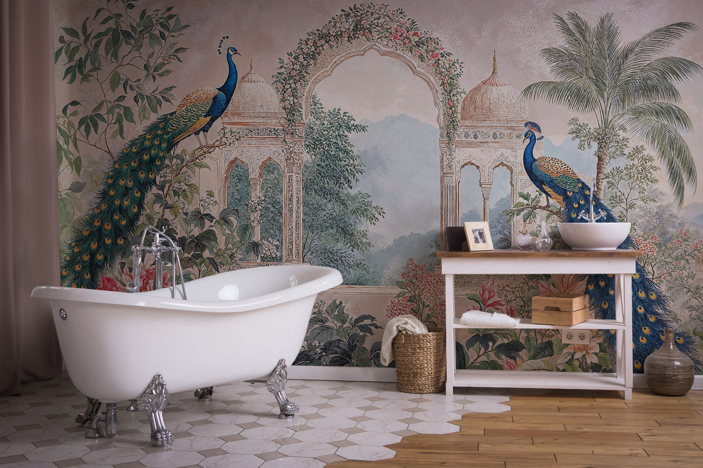 Exotic Peacock Paradise Wallpaper - Vintage Indian Arch Scene - WMH463