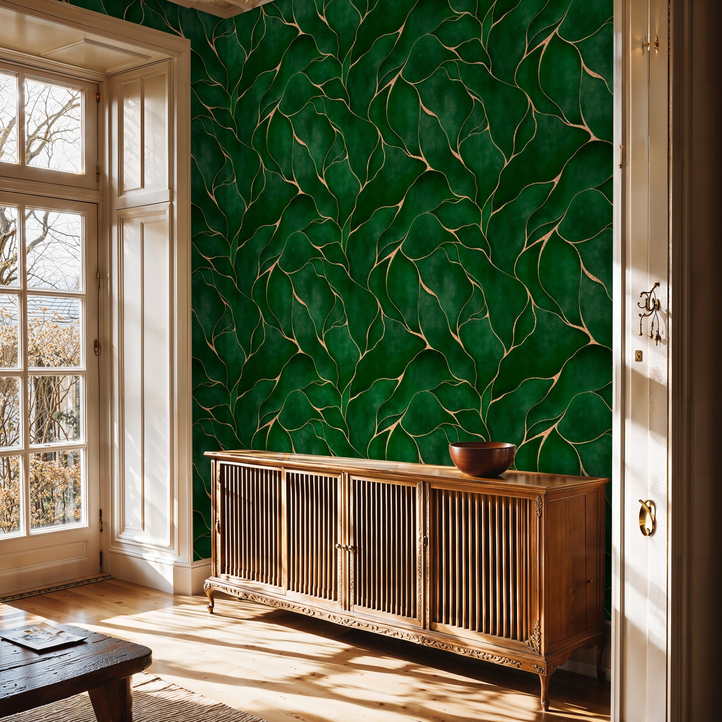 Emerald Leaf Wallpaper – Deep Green Botanical Wall Design (Not Metallic) - WMH444
