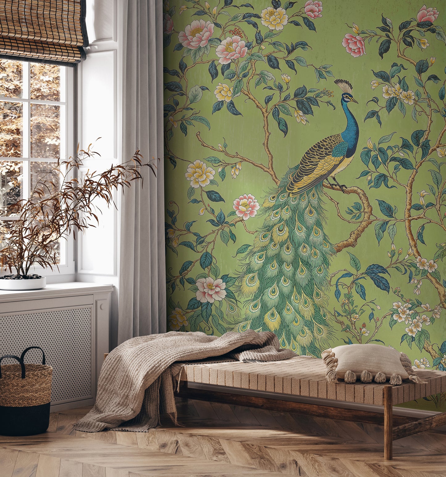 Green Chinoiserie Peacock Wallpaper – Vintage Botanical Mural with Exotic Birds - WMH433