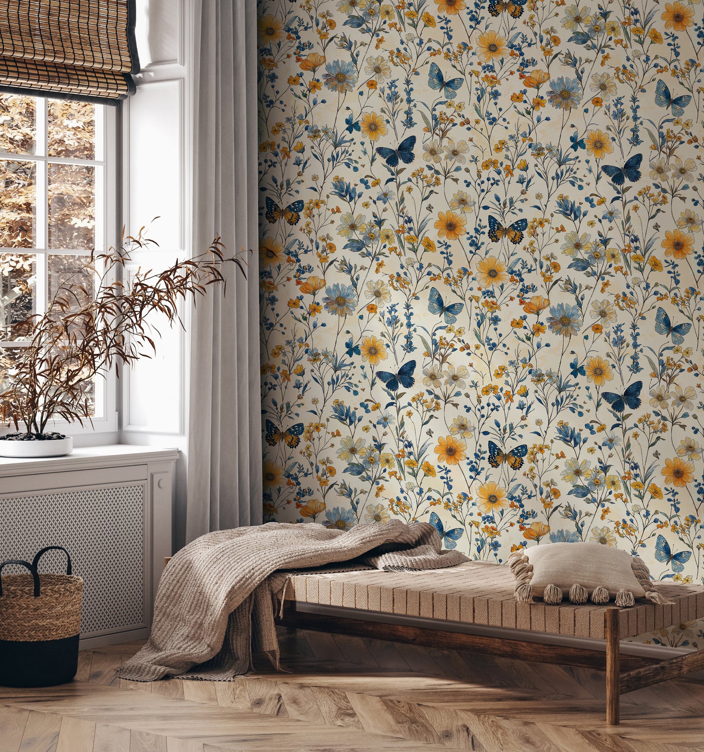 Sunny Floral Butterfly Wallpaper – Cheerful Botanical Design for Bathrooms - WMH435