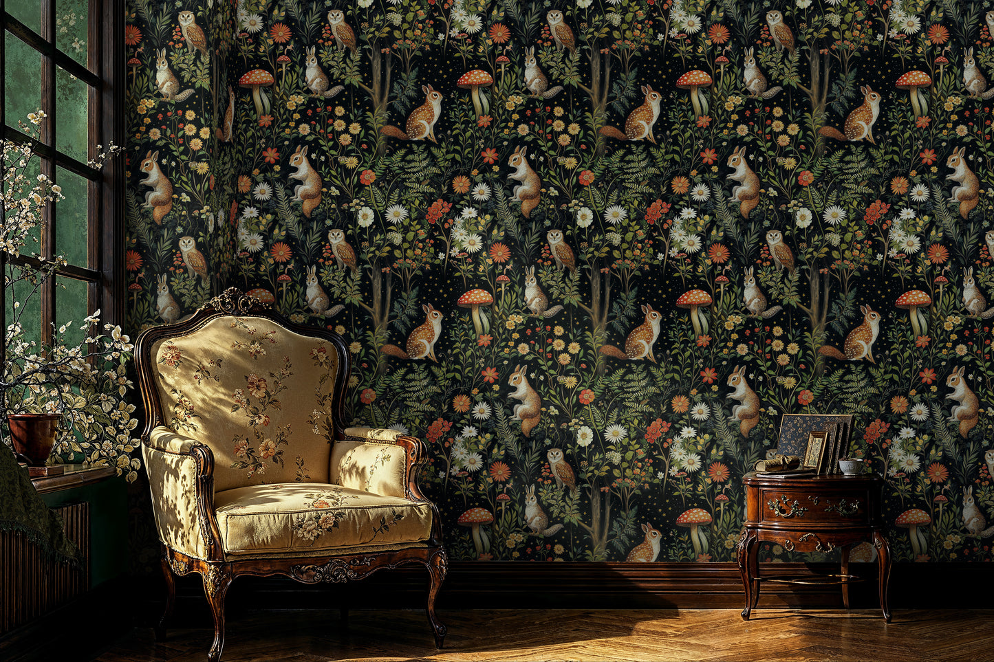 Whimsical Woodland Creatures Wallpaper – Dark Fairy Tale Forest with Animals - WMH451