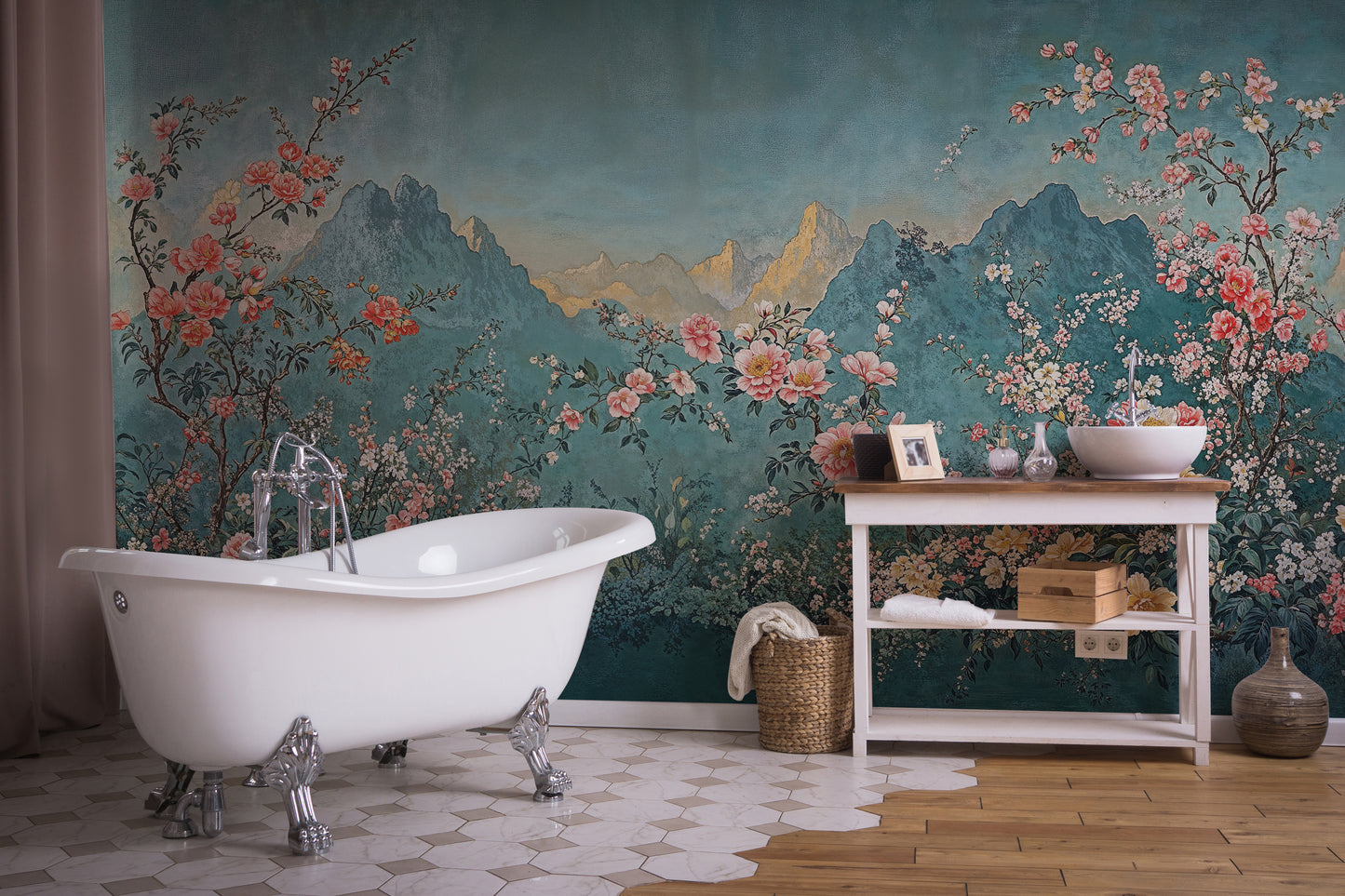 Elegant Chinoiserie Floral Mountain Landscape Wall Mural, Asian Inspired Wallpaper - WMH469