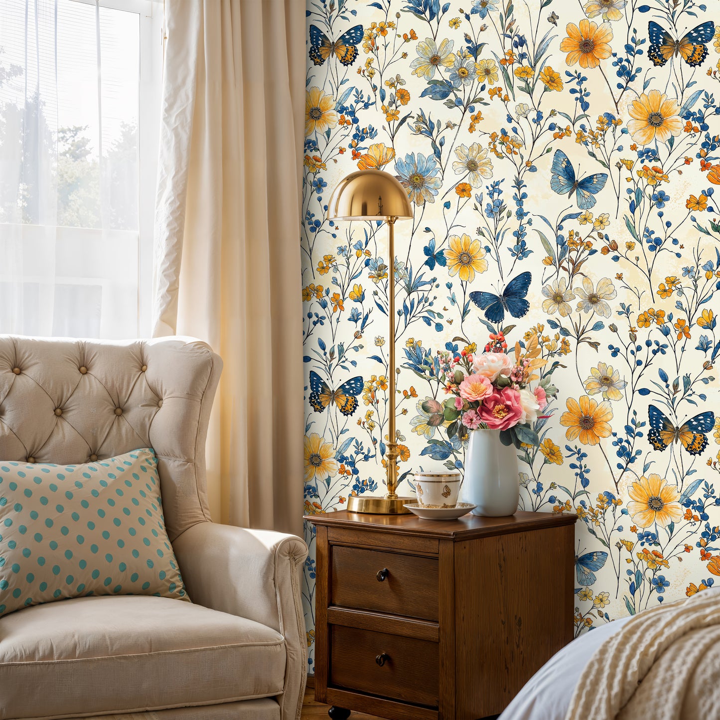 Sunny Floral Butterfly Wallpaper – Cheerful Botanical Design for Bathrooms - WMH435