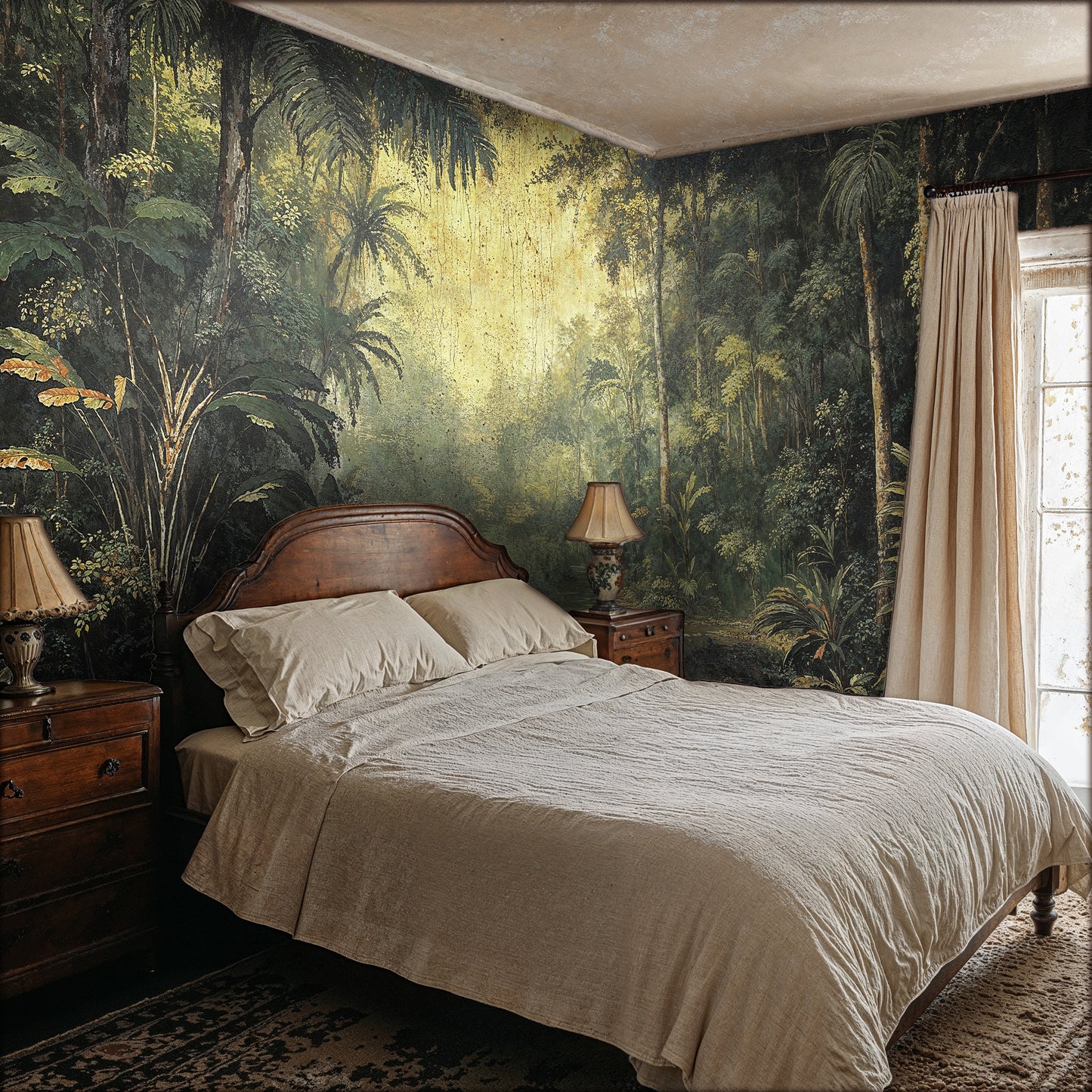 Vintage Jungle Landscape Wallpaper - Antique Green Forest Scene - WMH459