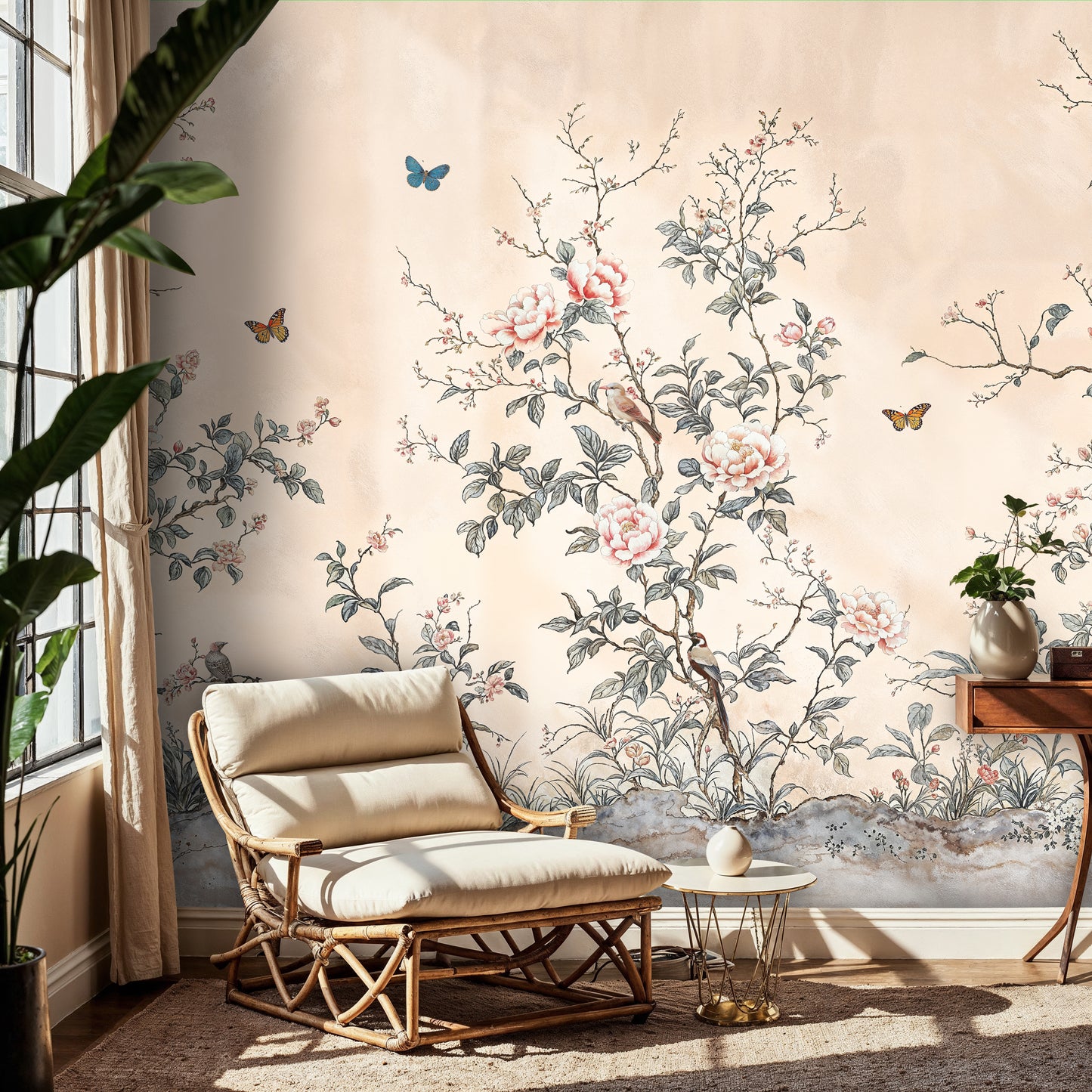 Elegant Chinoiserie Bird and Blossom Mural – Soft Pastel Botanical Wallpaper - WMH427
