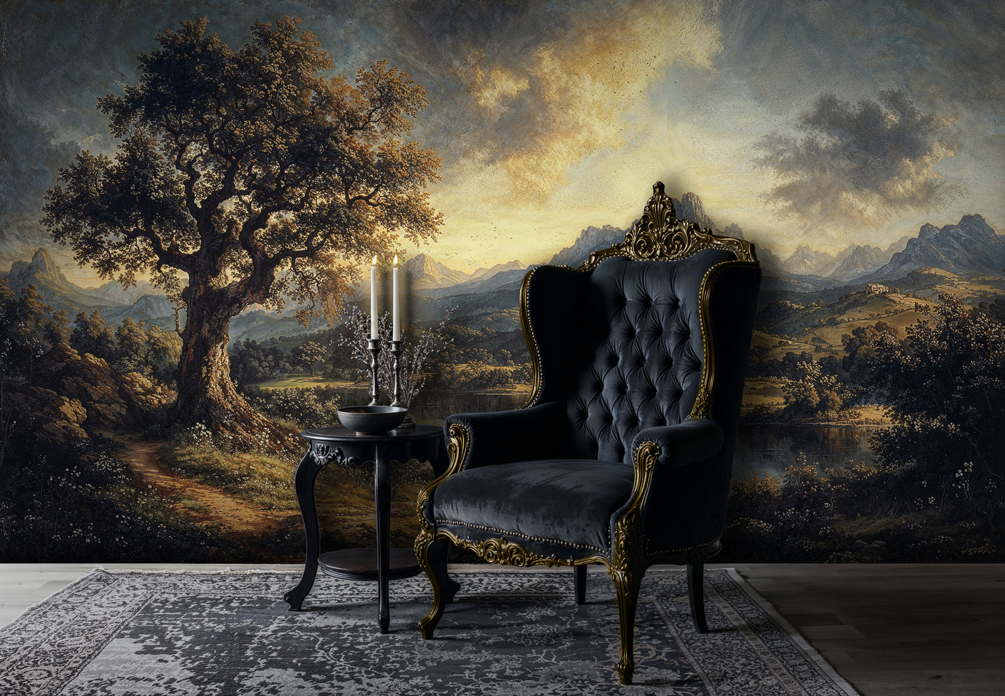 Vintage Landscape Wall Mural – Dramatic Mountain and Tree Scenery - WMH418