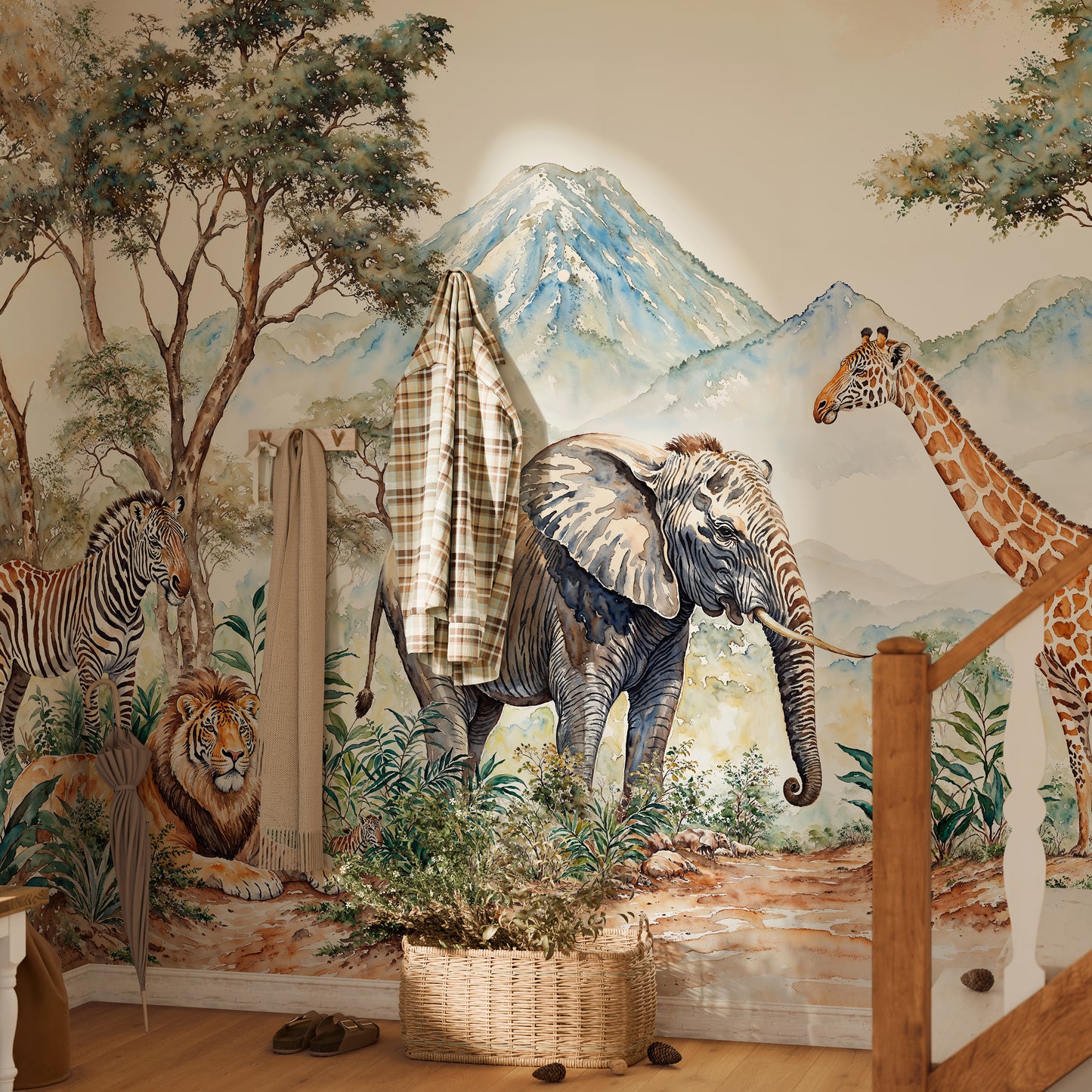 Safari Jungle Kids Wallpaper – Watercolor Mural with Elephant, Giraffe & Trees - WMH452