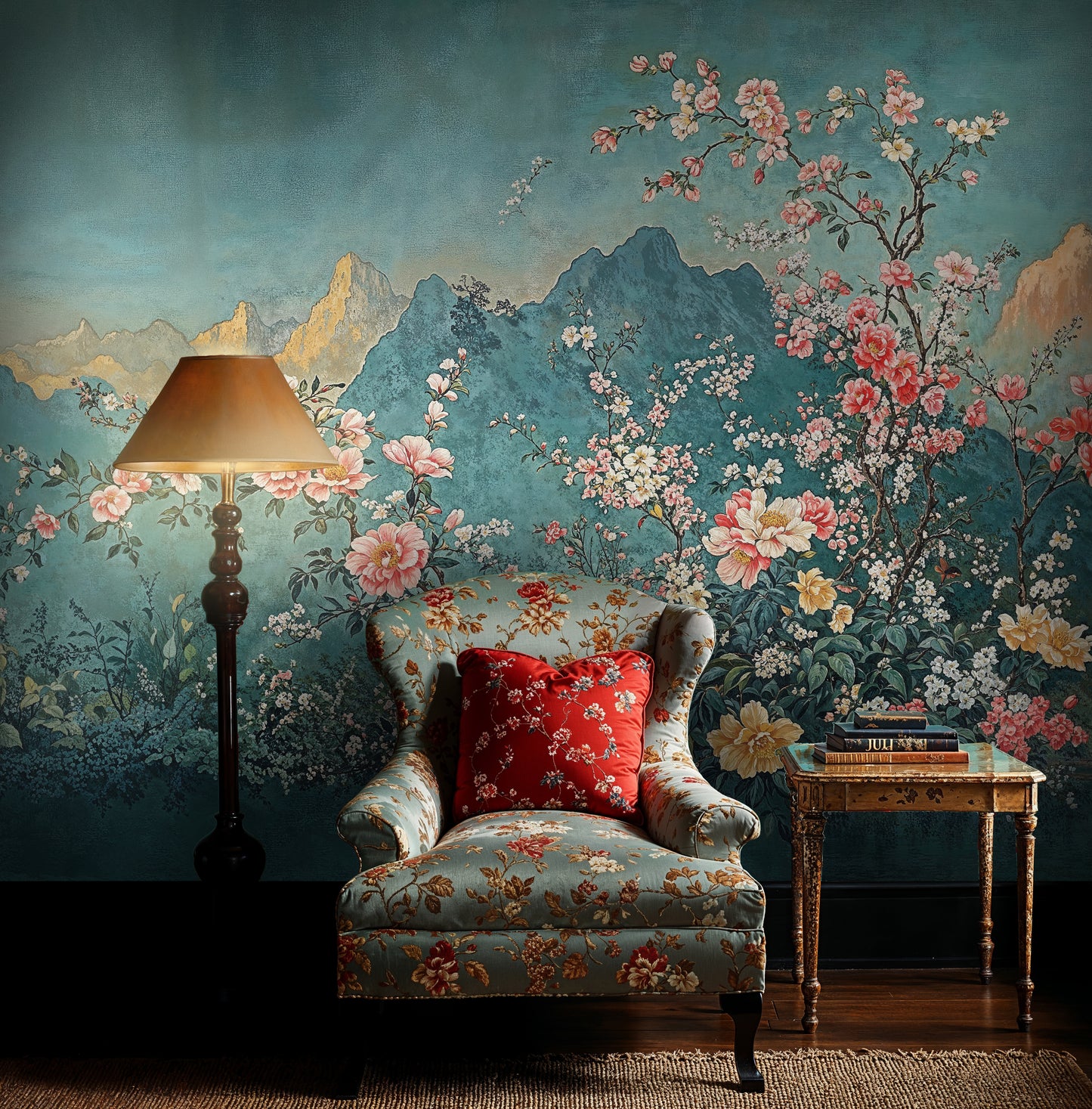 Elegant Chinoiserie Floral Mountain Landscape Wall Mural, Asian Inspired Wallpaper - WMH469