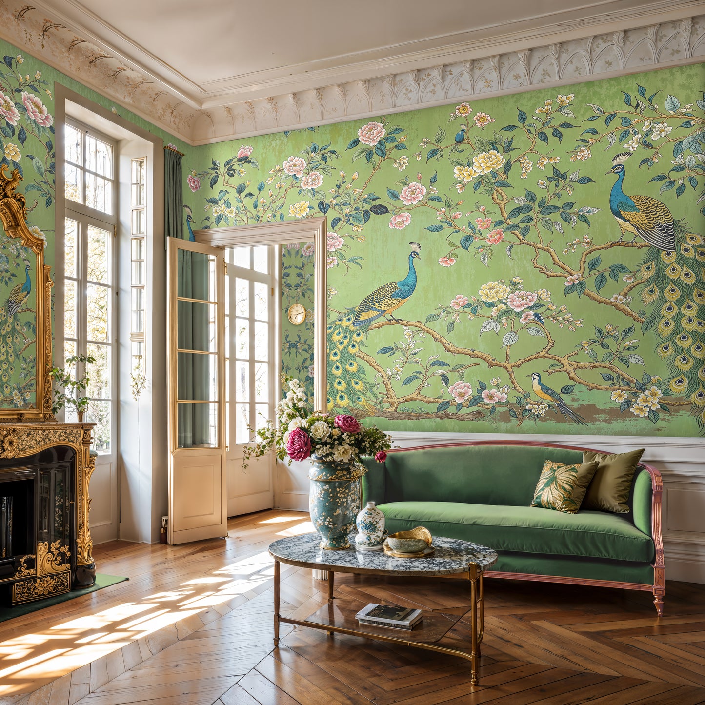 Green Chinoiserie Peacock Wallpaper – Vintage Botanical Mural with Exotic Birds - WMH433