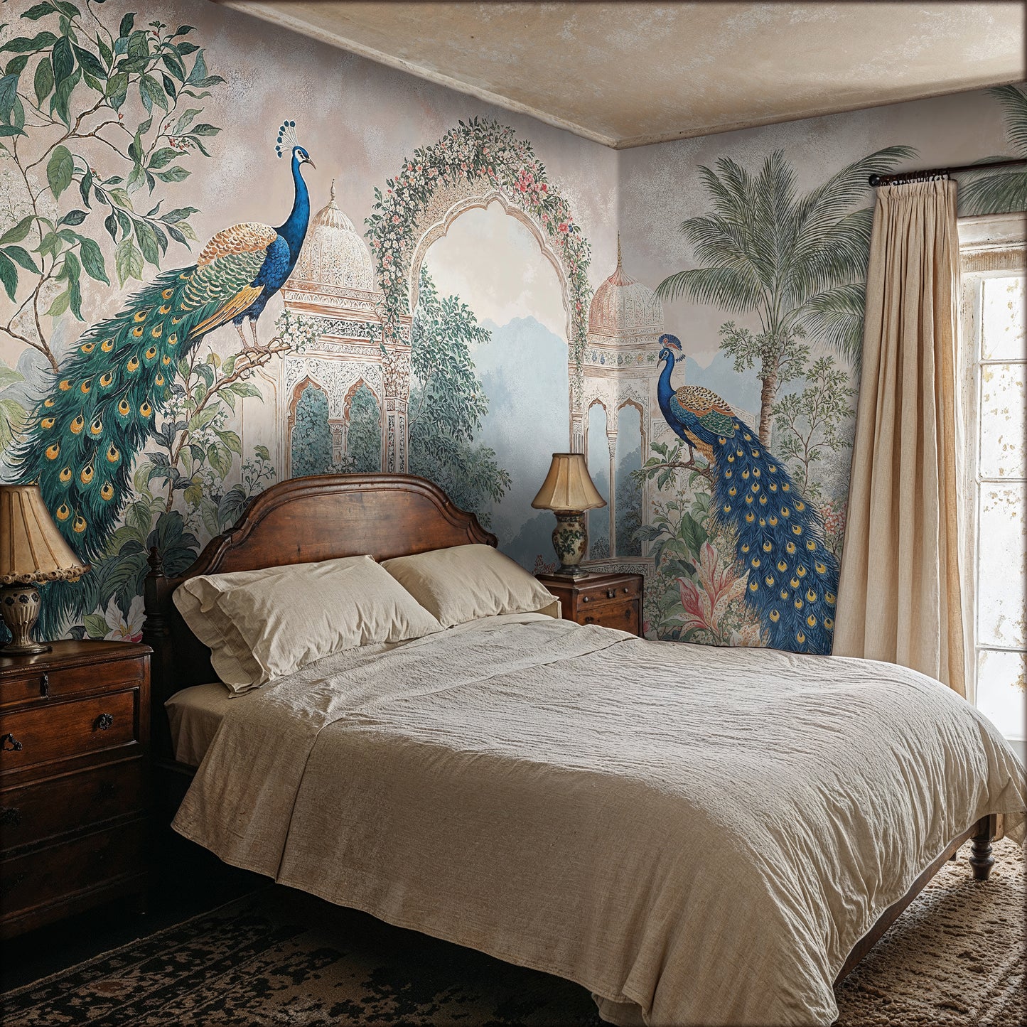 Exotic Peacock Paradise Wallpaper - Vintage Indian Arch Scene - WMH463