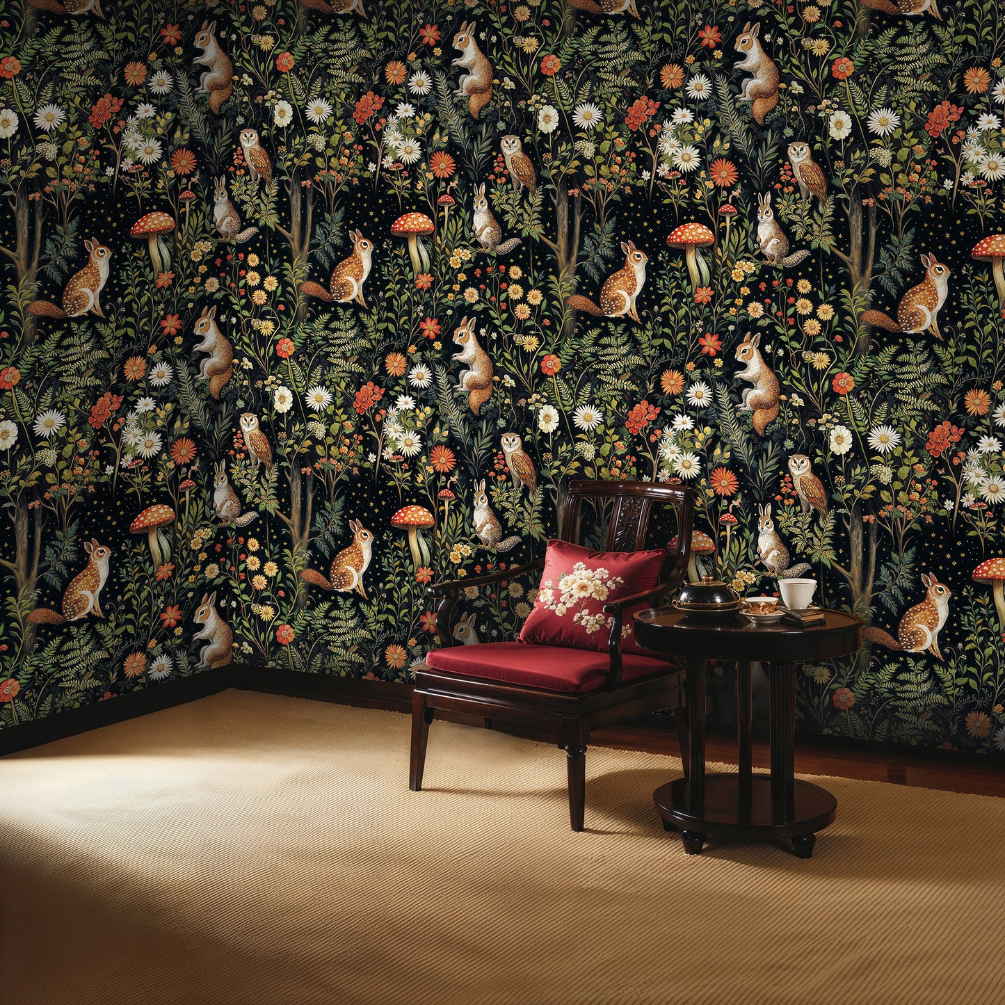 Whimsical Woodland Creatures Wallpaper – Dark Fairy Tale Forest with Animals - WMH451