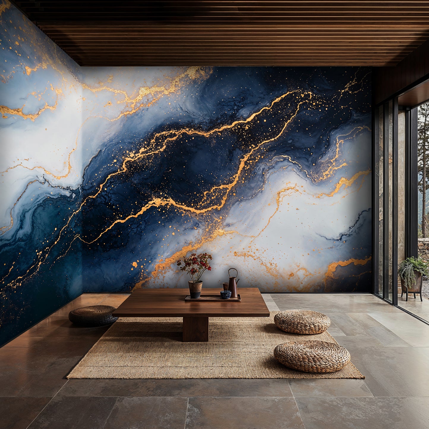 Deep Space Marble Mural – Abstract Galaxy Inspired Wall Art with Gold Veins - WMH456