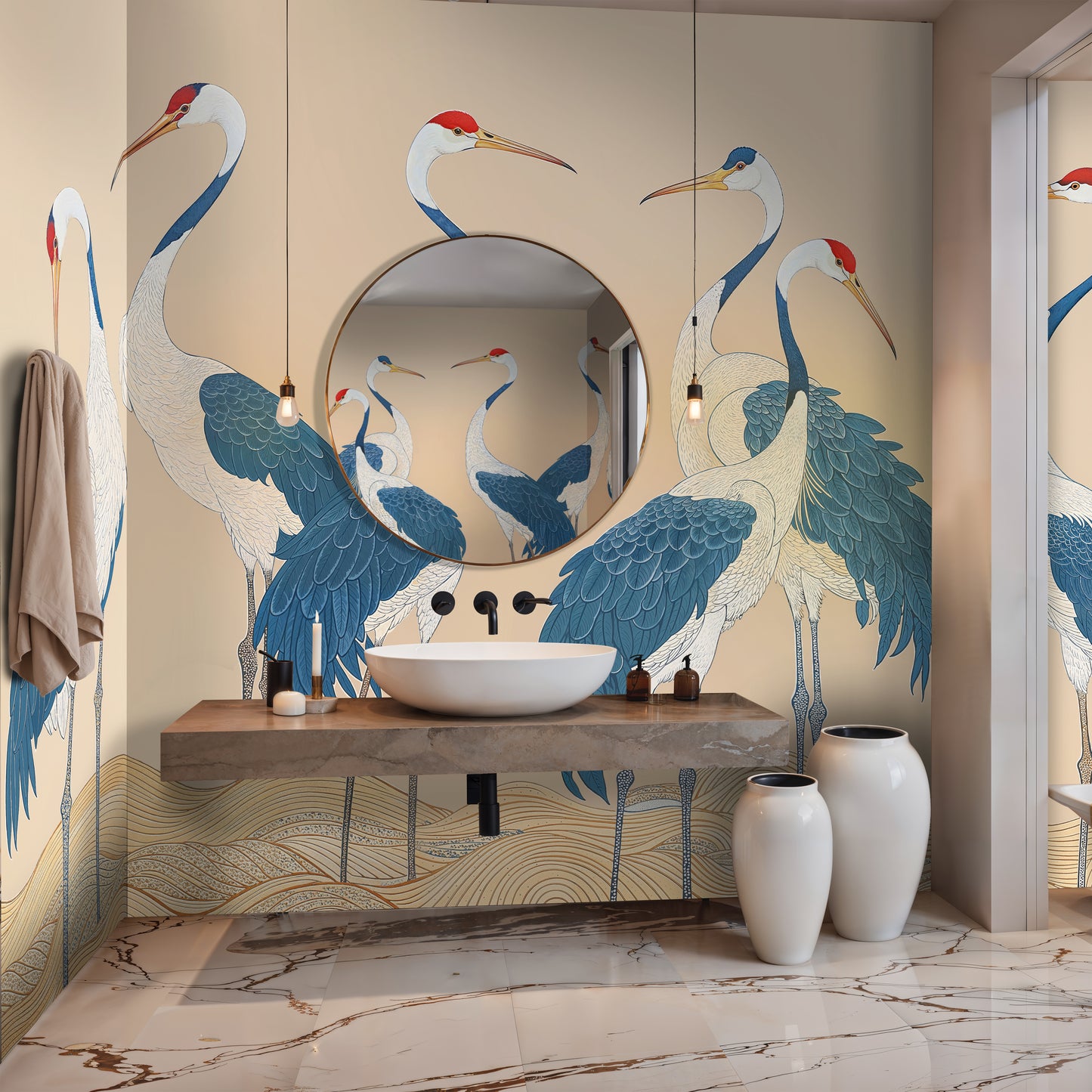 Oriental Crane Wall Mural – Elegant Bird Illustration for Grand Hallways - WMH421