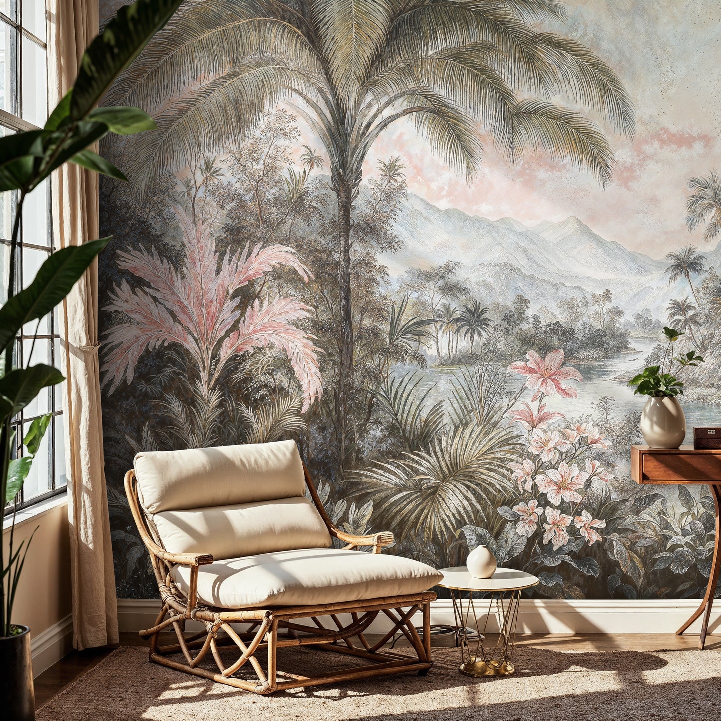 Tropical Jungle Oasis Mural – Soft Pastel Landscape Wallpaper for Living Room - WMH431