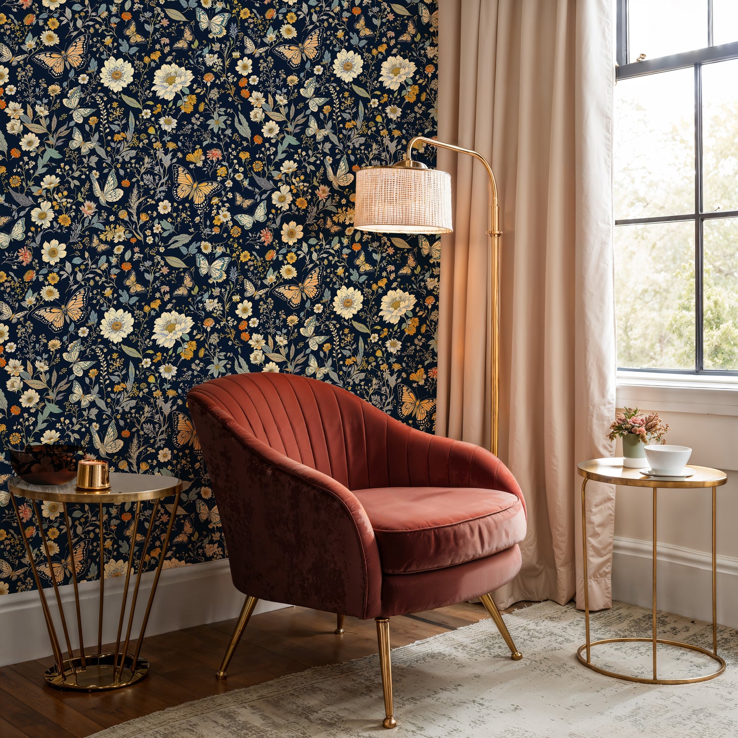 Dark Floral Butterfly Wallpaper – Moody Vintage Garden Design - WMH423