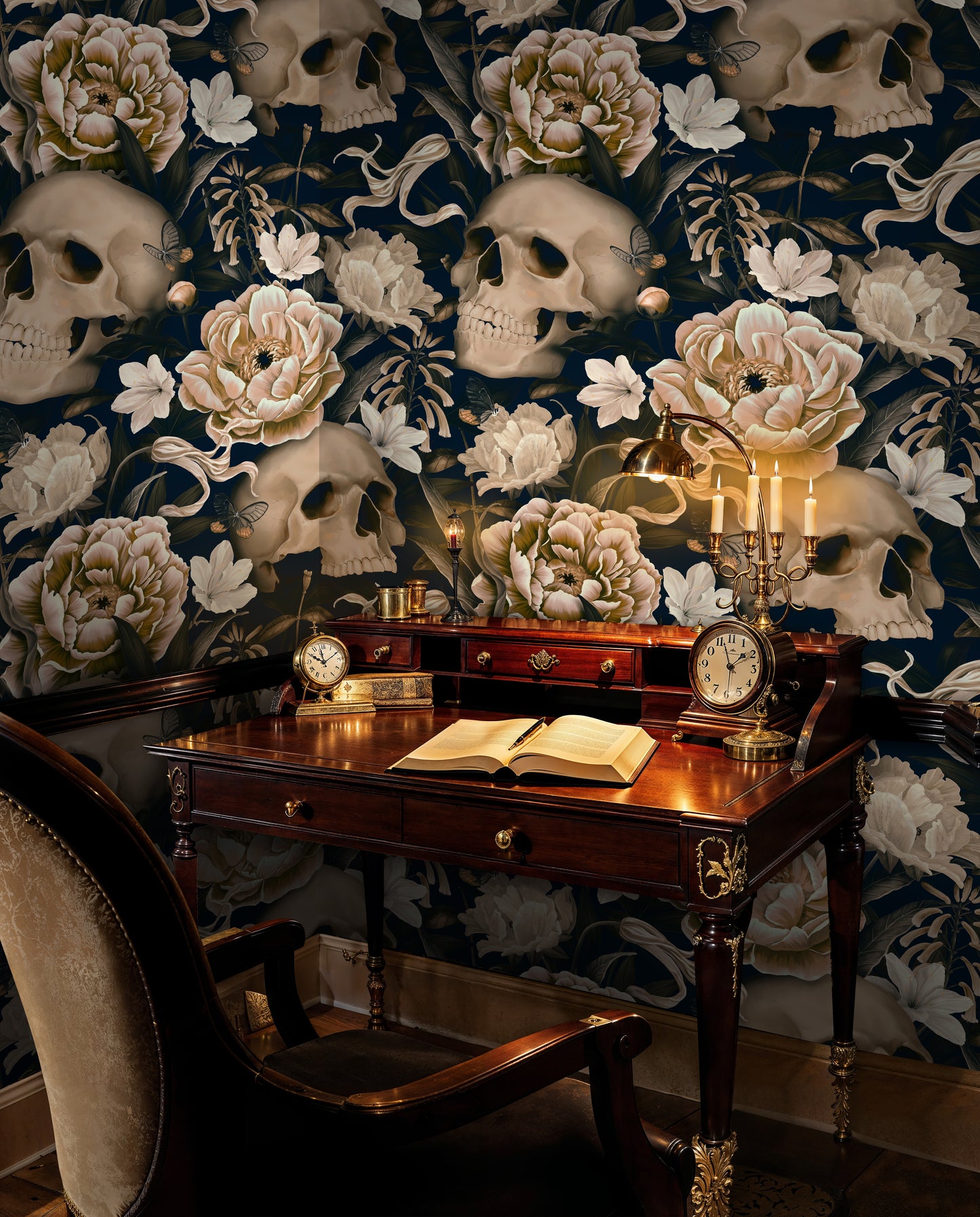Dark Floral Skull Wallpaper – Gothic Botanical Statement Wall Art - WMH429