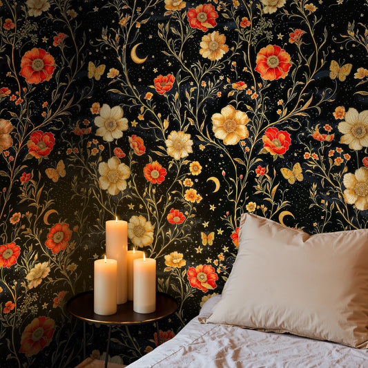 Celestial Night Garden Wallpaper – Floral and Moon Pattern in Deep Tones - WMH432