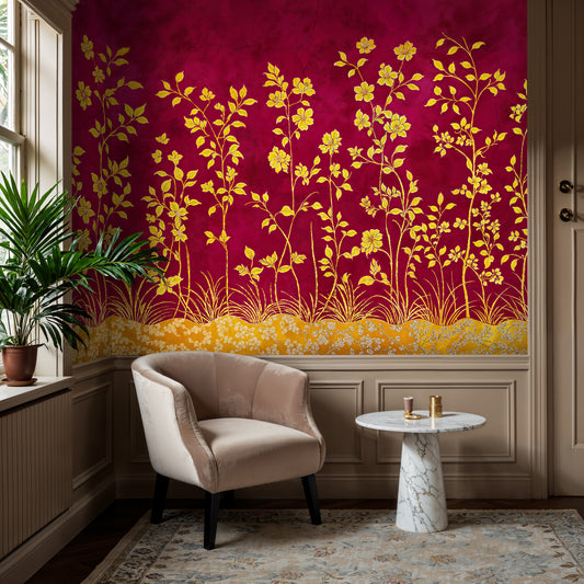 Bold Floral Red and Gold Wallpaper – Luxurious Artistic Accent Wall - WMH430