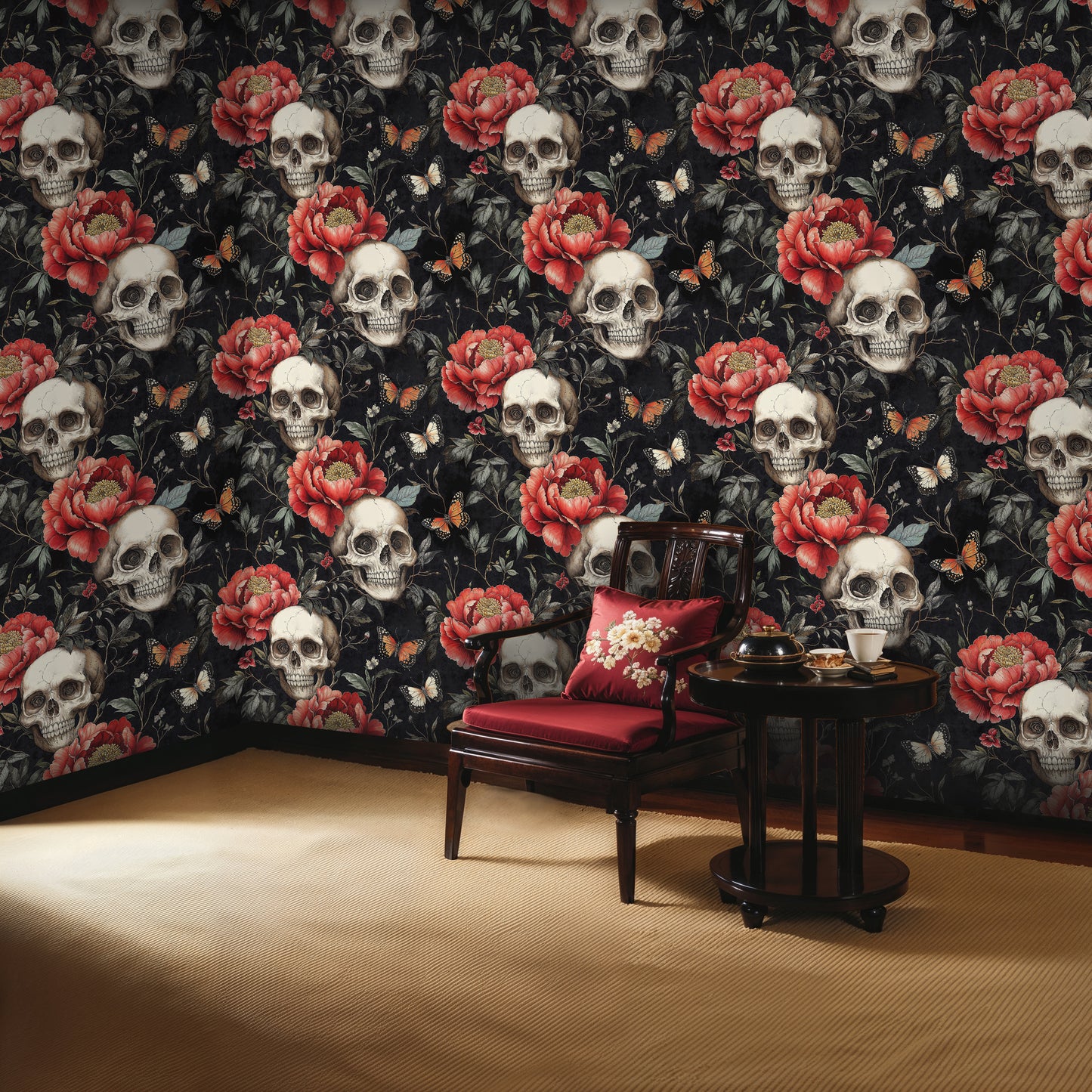 Gothic Skull and Roses Wallpaper - Dark Romantic Floral Art - WMH462