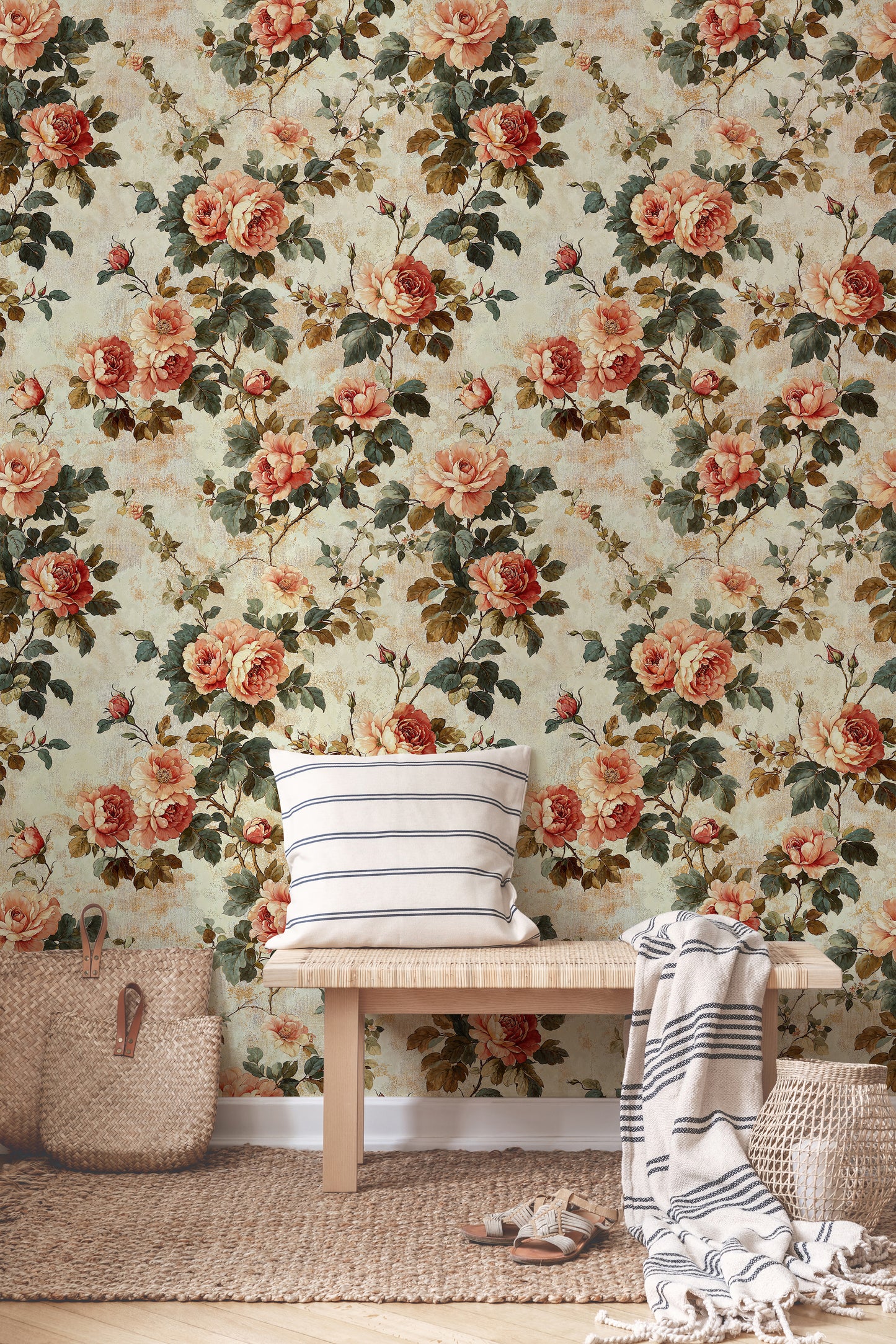 Vintage Rose Garden Wallpaper – Romantic Floral Pattern with Antique Texture - WMH445