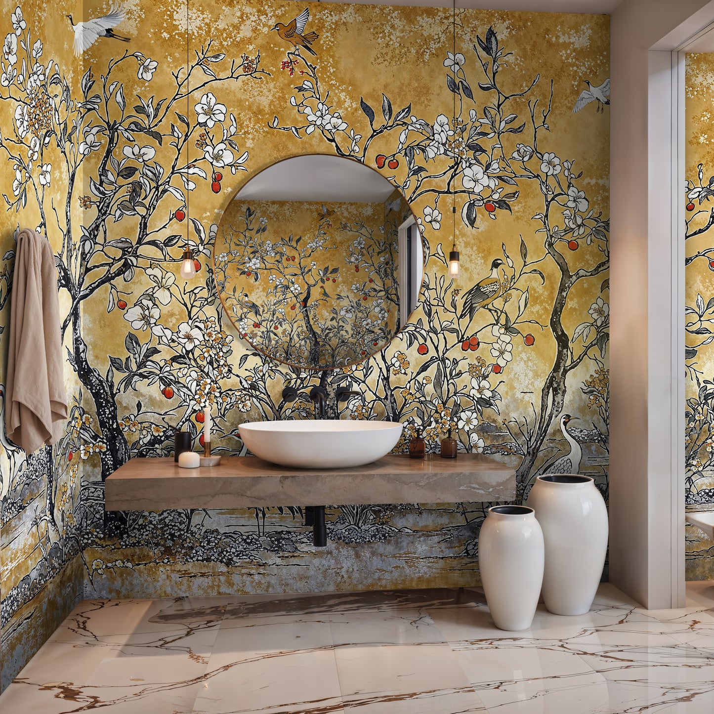 Gold Chinoiserie Bird and Blossom Wallpaper – Elegant Artistic Nature Design - WMH425