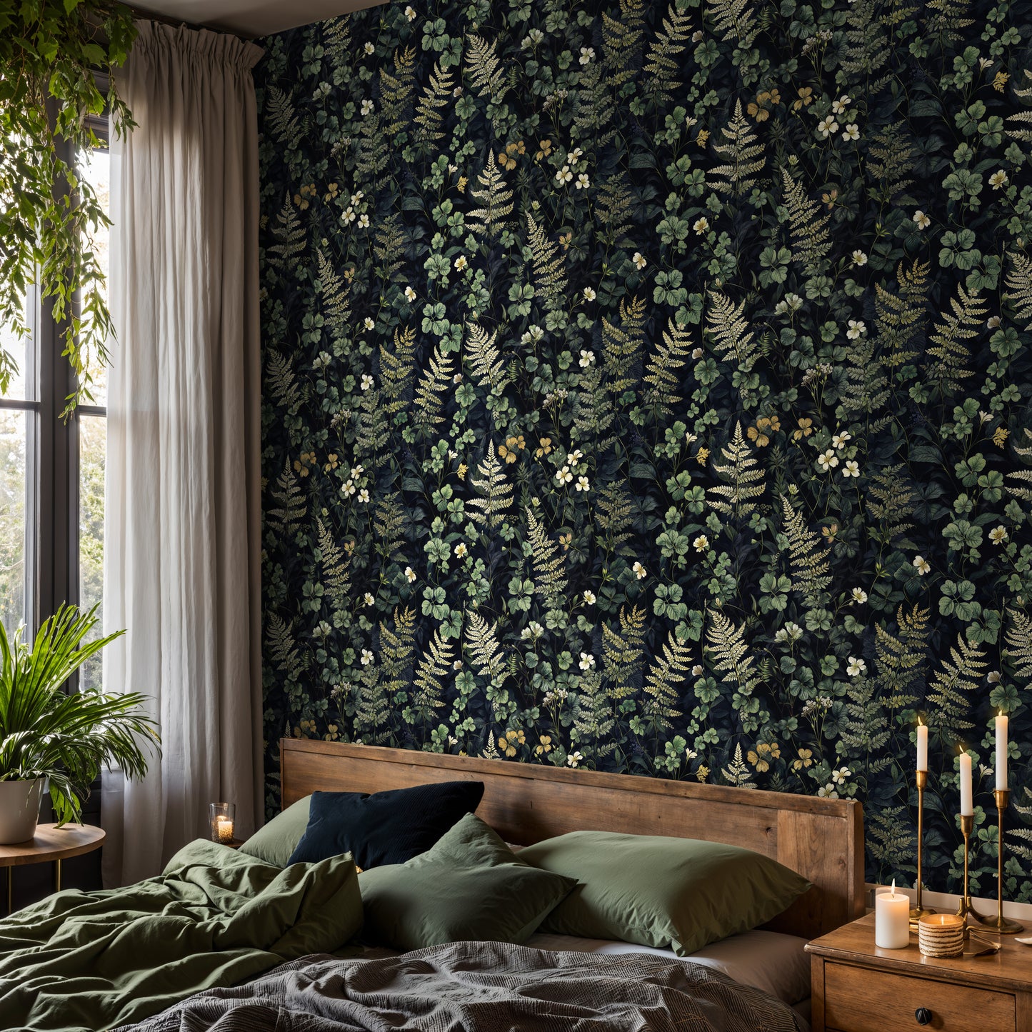 Dark Botanical Fern Mural – Moody Forest-Inspired Wallpaper for Bedrooms - WMH436