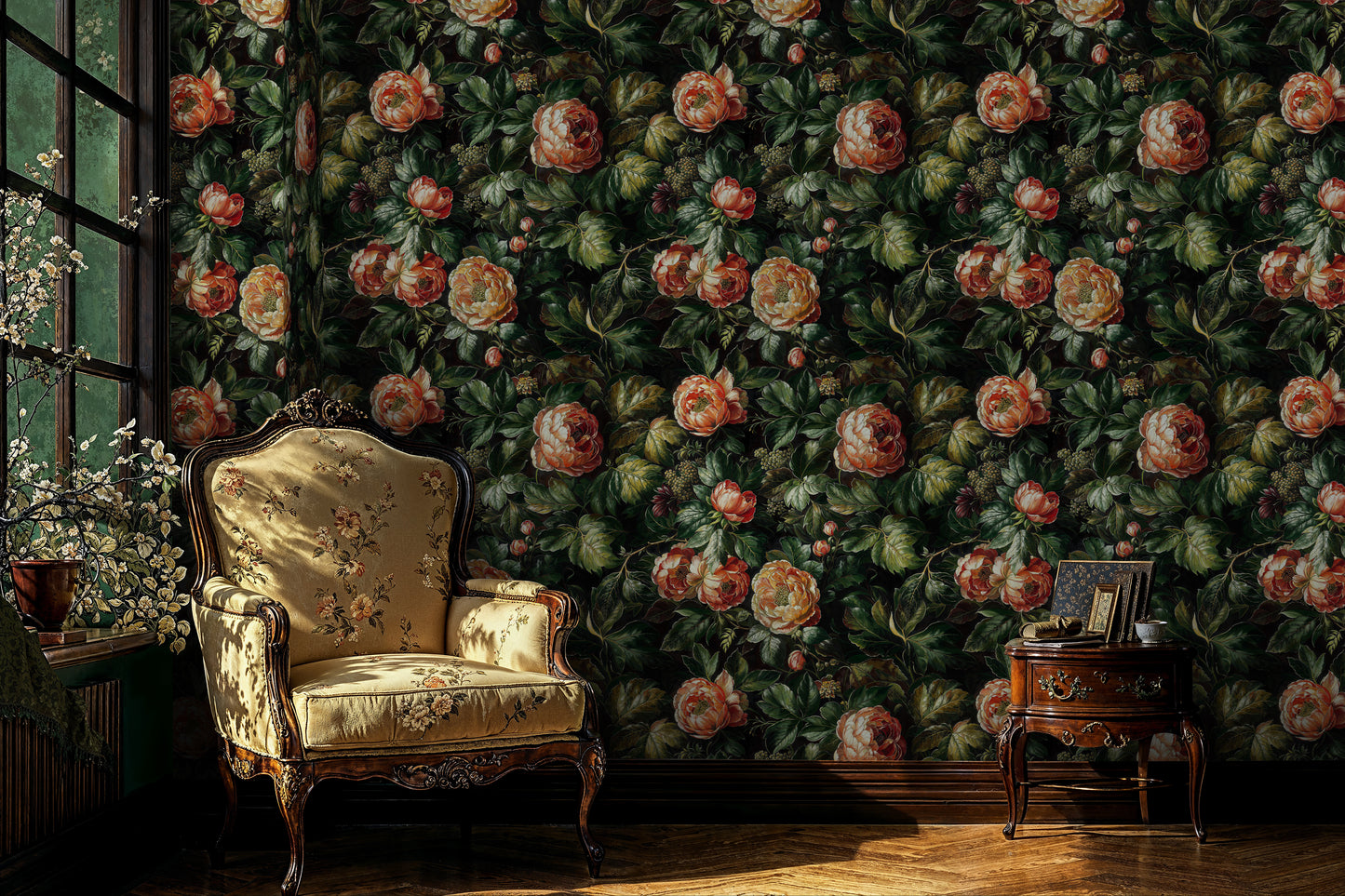 Dark Moody Floral Wallpaper - Vintage Dramatic Roses Mural - WMH461