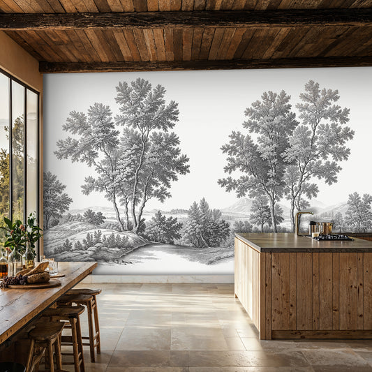 Classic Black and White Vintage Tree Wallpaper - Traditional Nature Mural - WMH467