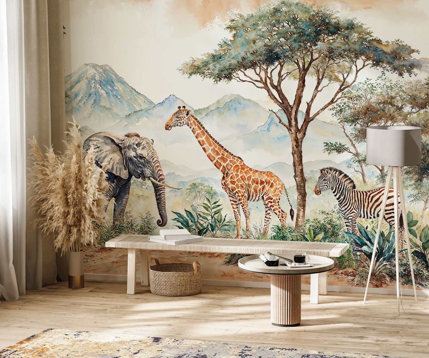 Safari Jungle Kids Wallpaper – Watercolor Mural with Elephant, Giraffe & Trees - WMH452