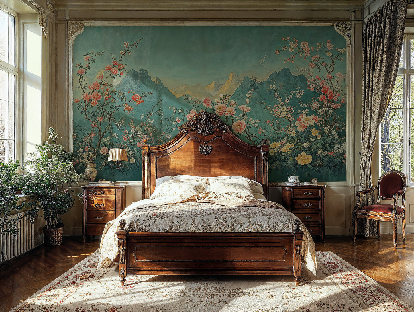 Elegant Chinoiserie Floral Mountain Landscape Wall Mural, Asian Inspired Wallpaper - WMH469