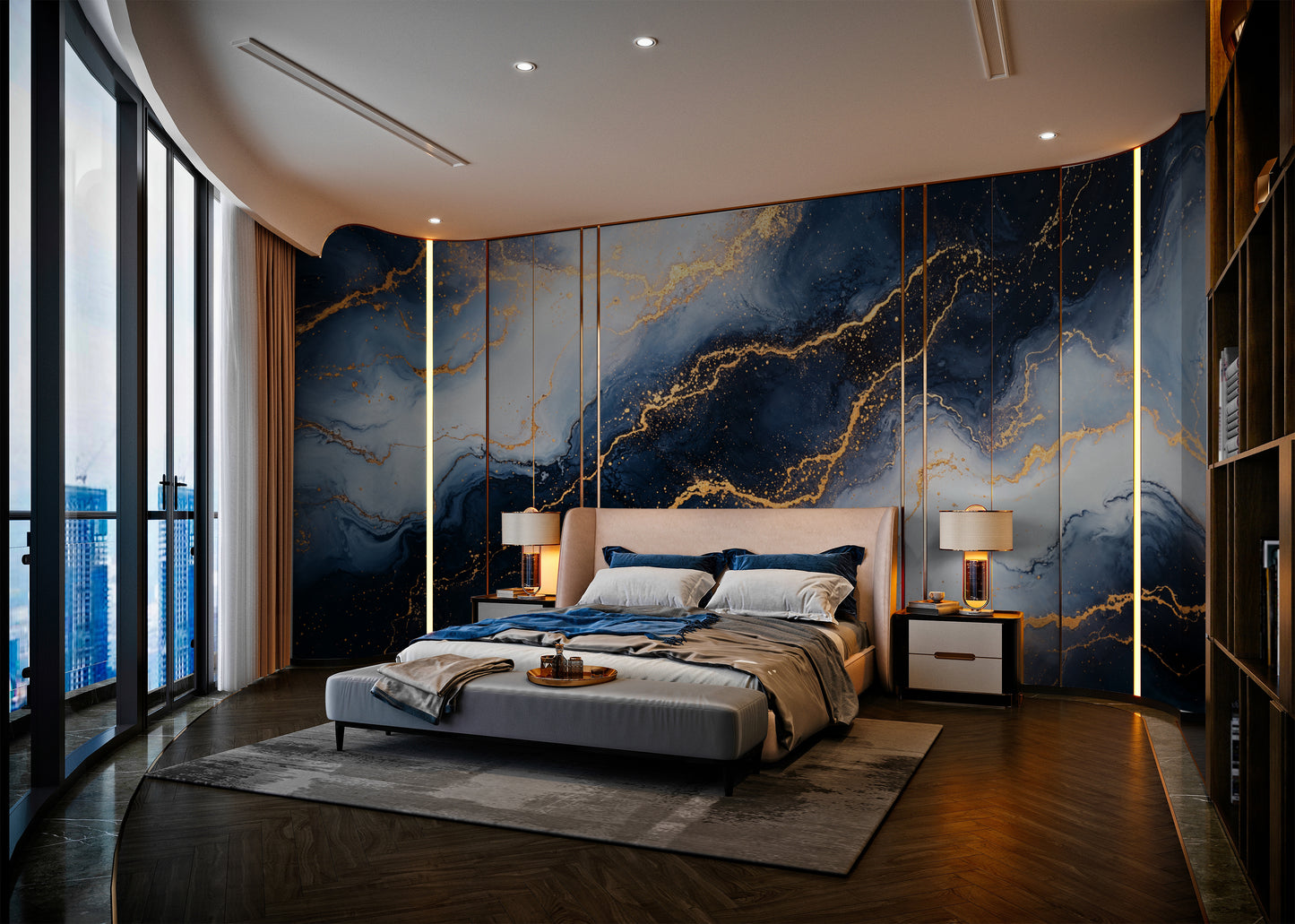 Deep Space Marble Mural – Abstract Galaxy Inspired Wall Art with Gold Veins - WMH456