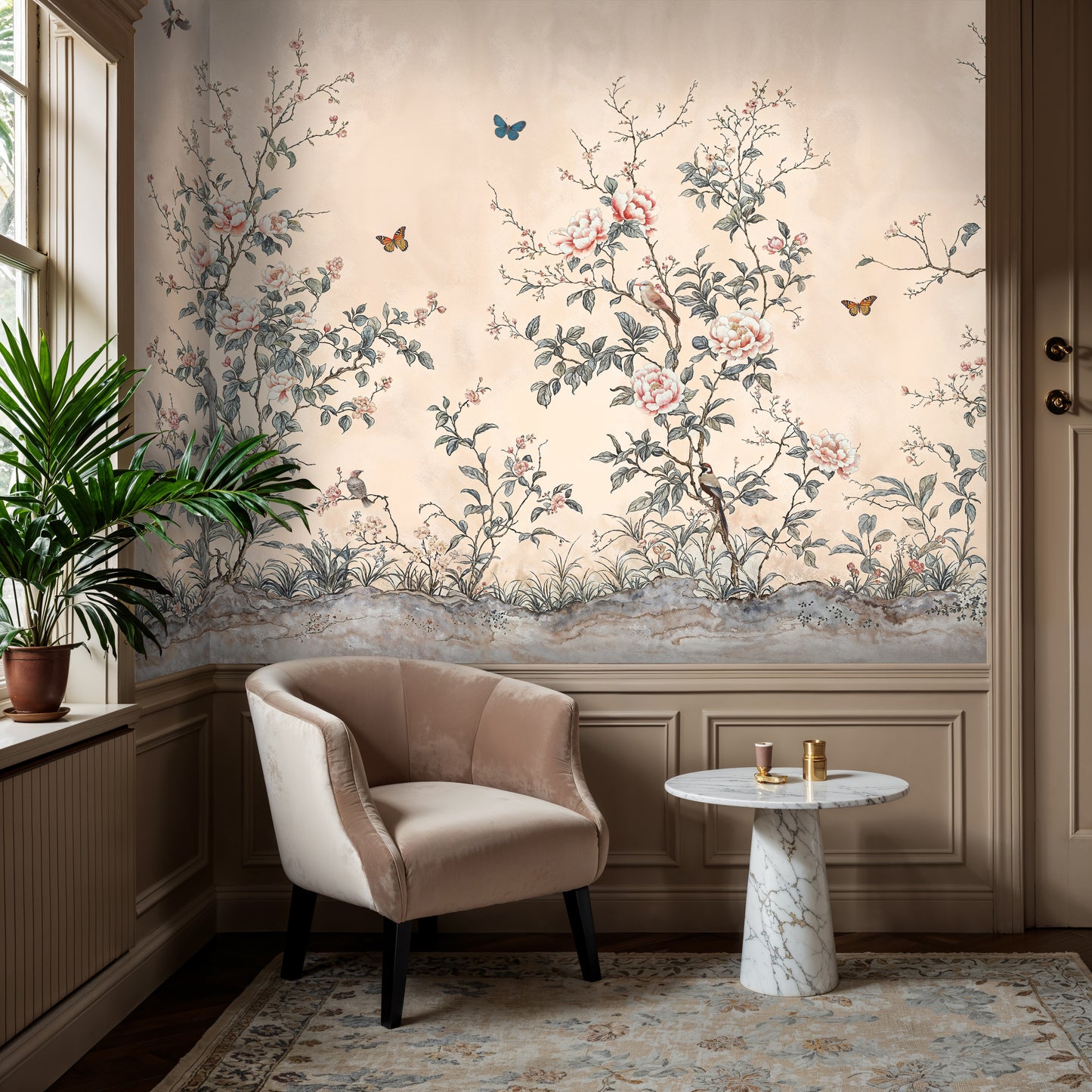 Elegant Chinoiserie Bird and Blossom Mural – Soft Pastel Botanical Wallpaper - WMH427