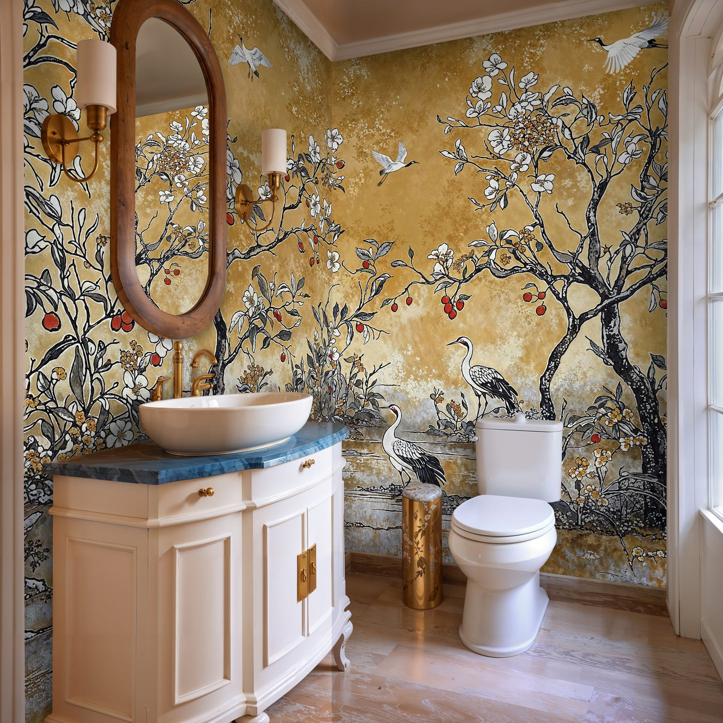 Gold Chinoiserie Bird and Blossom Wallpaper – Elegant Artistic Nature Design - WMH425