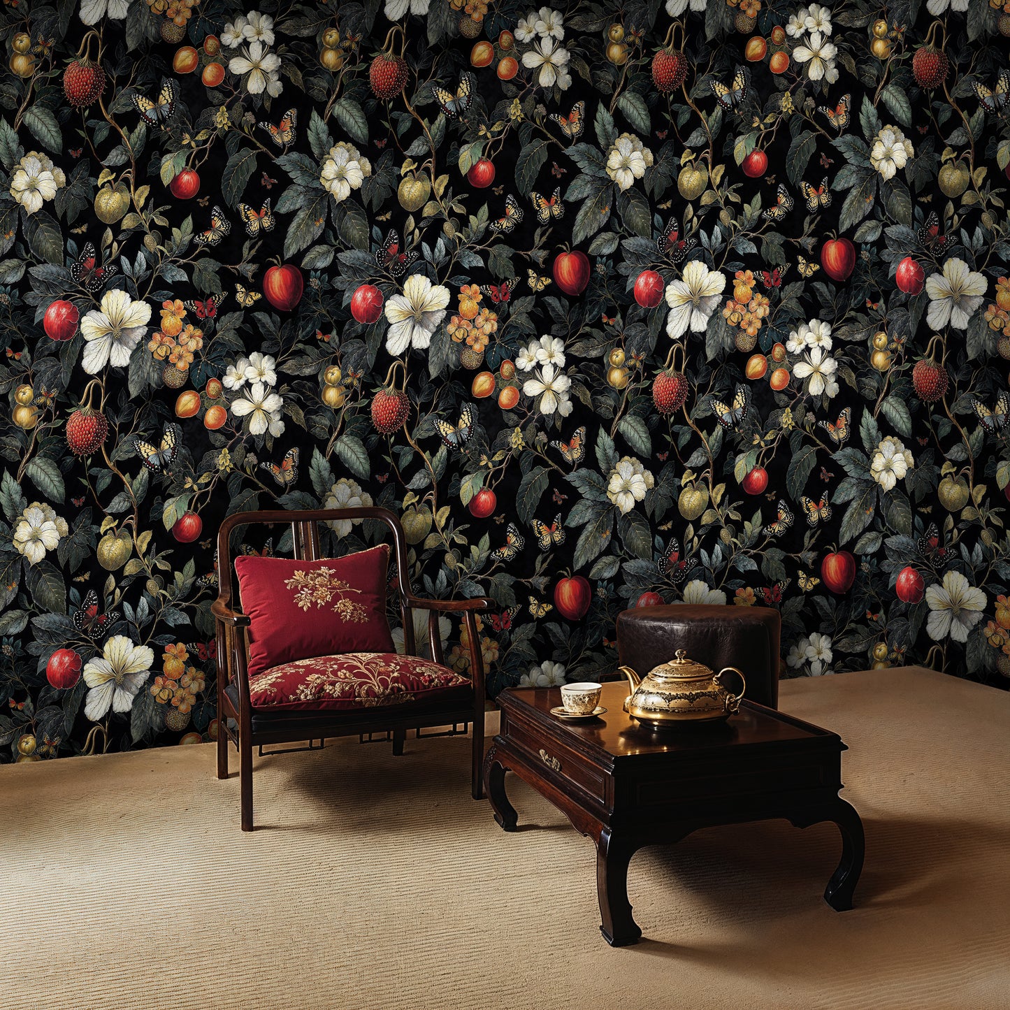 Dark Moody Botanical Fruits Wallpaper - Vintage Floral and Fruits Pattern - WMH468