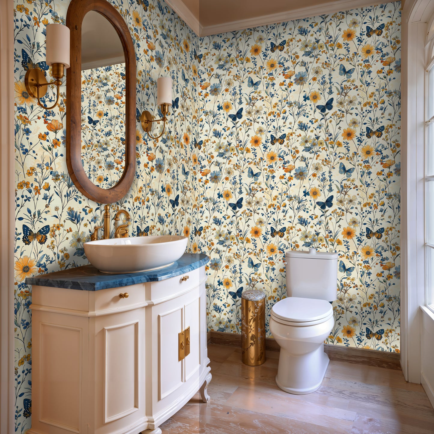 Sunny Floral Butterfly Wallpaper – Cheerful Botanical Design for Bathrooms - WMH435