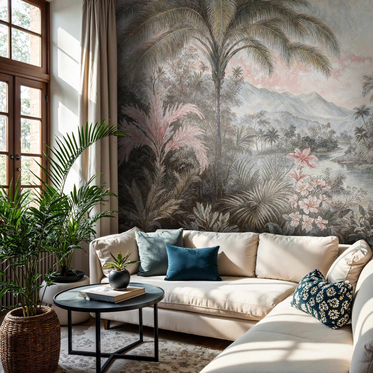 Tropical Jungle Oasis Mural – Soft Pastel Landscape Wallpaper for Living Room - WMH431