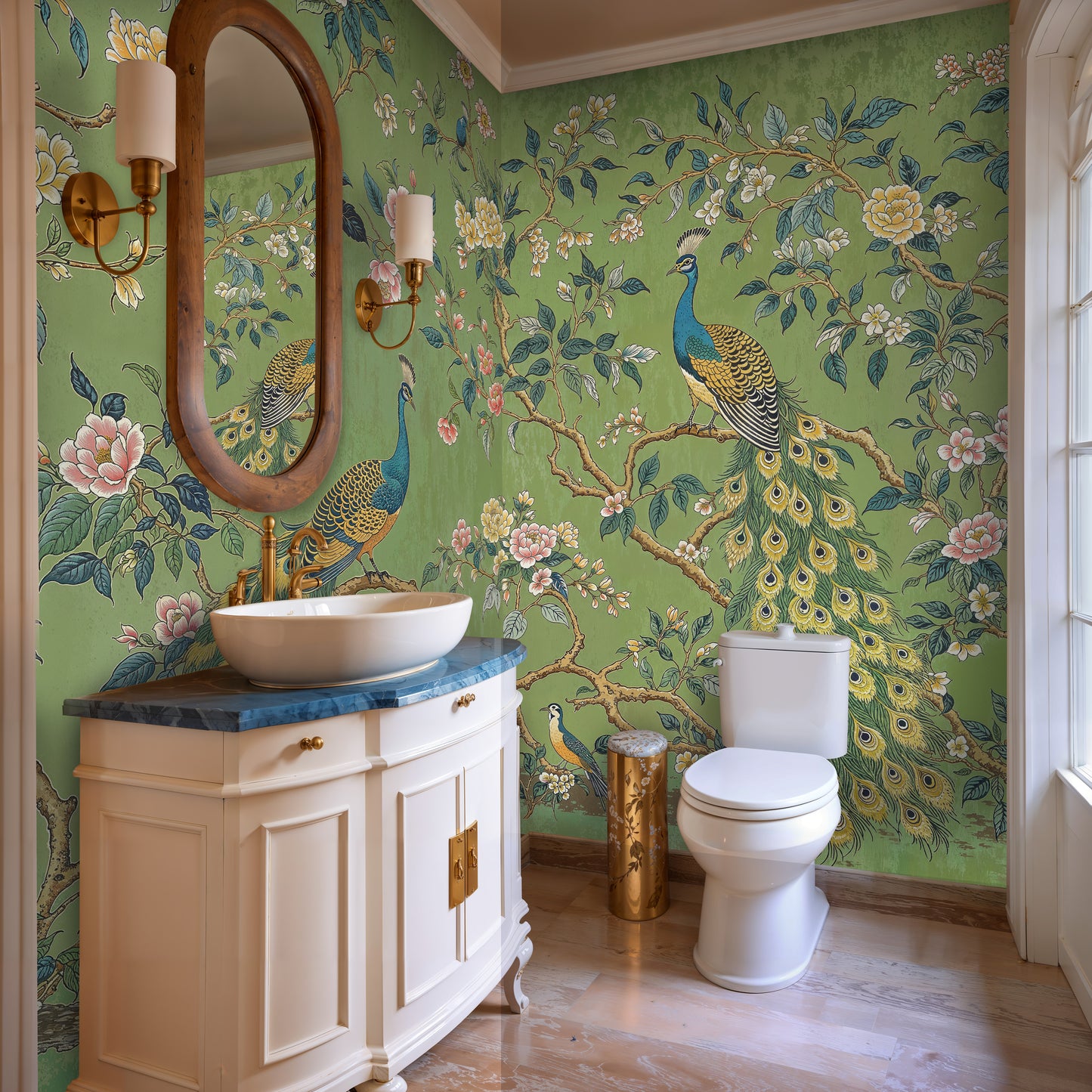 Green Chinoiserie Peacock Wallpaper – Vintage Botanical Mural with Exotic Birds - WMH433