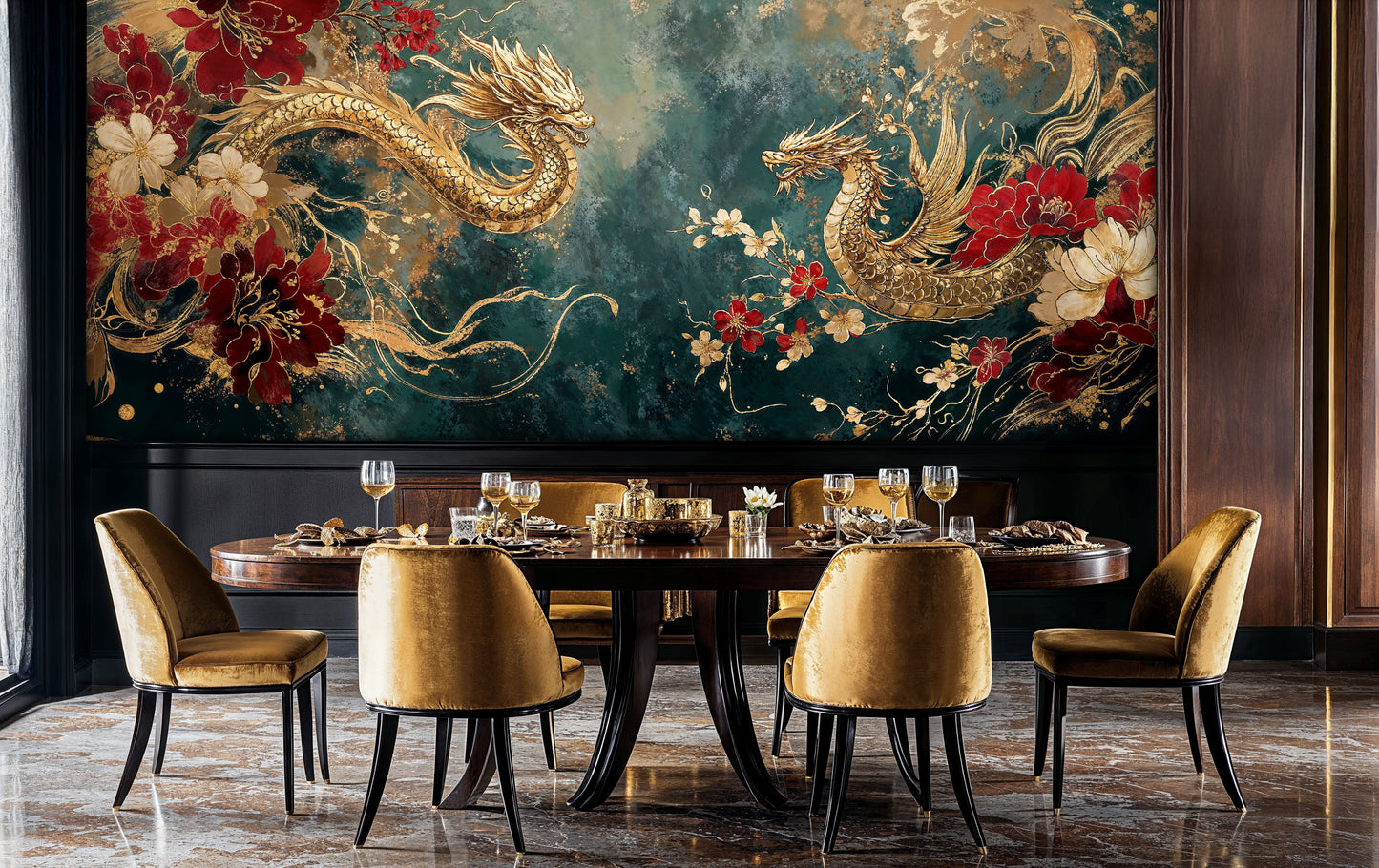 Luxurious Golden Dragons and Red Floral Art Wall Mural, Asian Inspired Dining Room Decor - WMH471