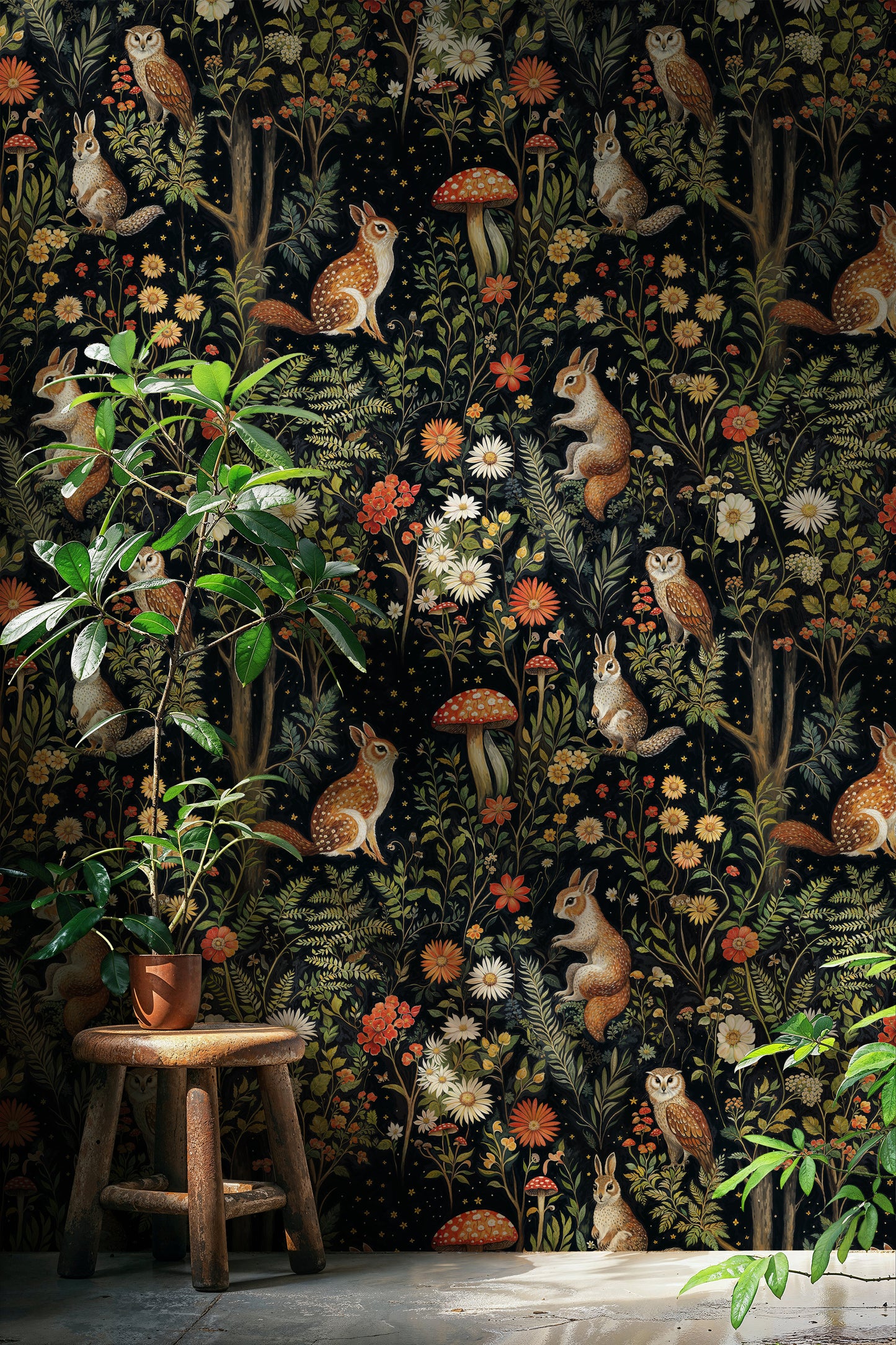 Whimsical Woodland Creatures Wallpaper – Dark Fairy Tale Forest with Animals - WMH451