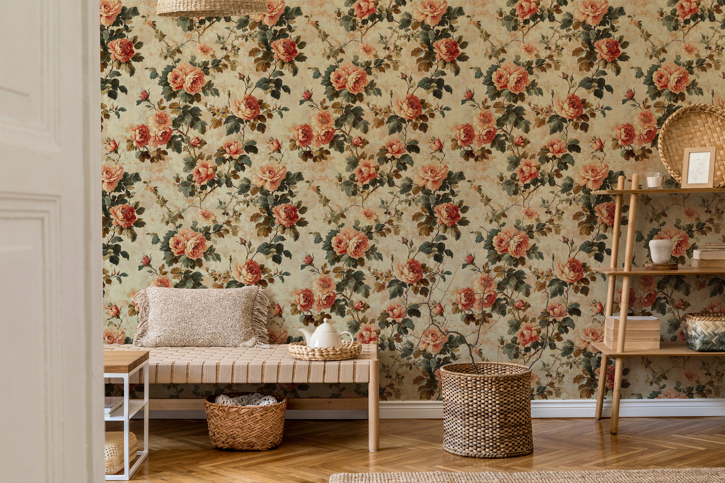 Vintage Rose Garden Wallpaper – Romantic Floral Pattern with Antique Texture - WMH445