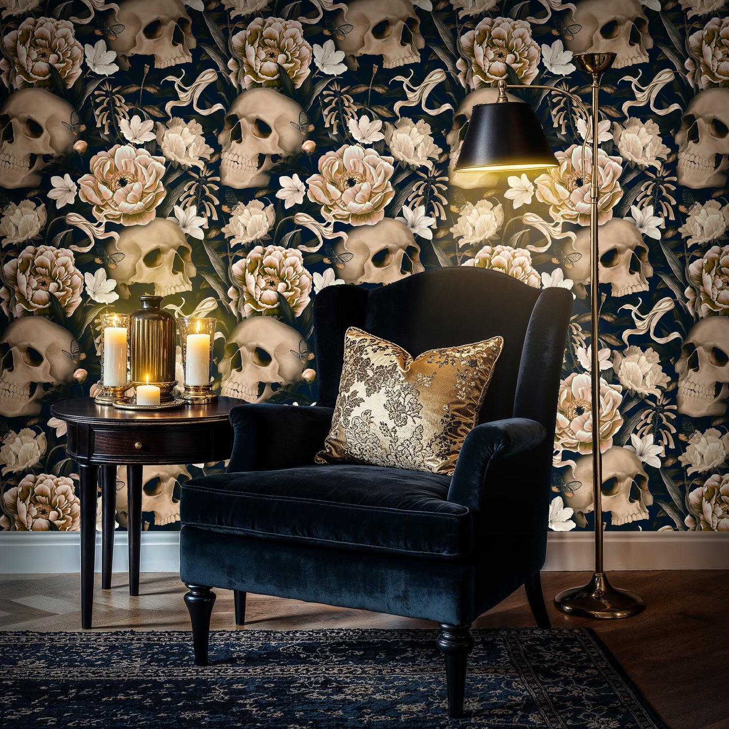 Dark Floral Skull Wallpaper – Gothic Botanical Statement Wall Art - WMH429
