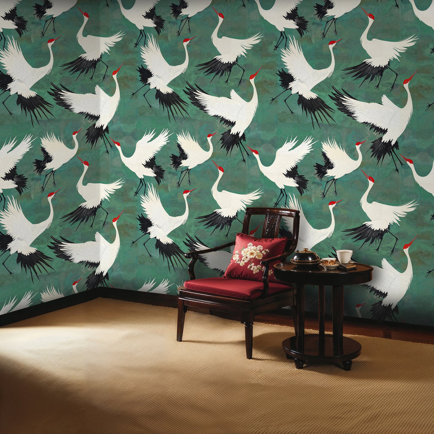 Flying Cranes Green Wallpaper – Japanese Inspired Bird Pattern Wall Art - WMH455