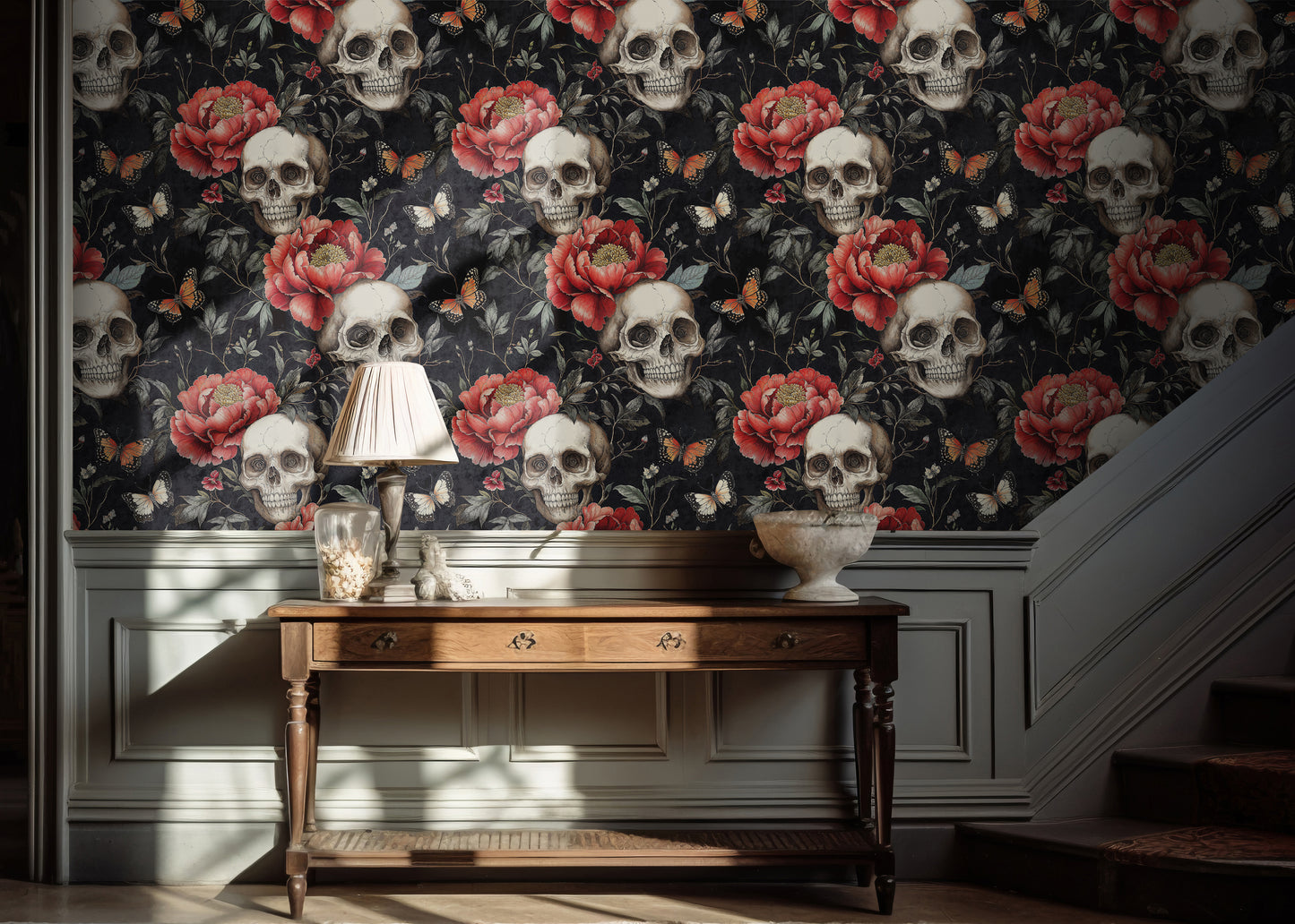 Gothic Skull and Roses Wallpaper - Dark Romantic Floral Art - WMH462