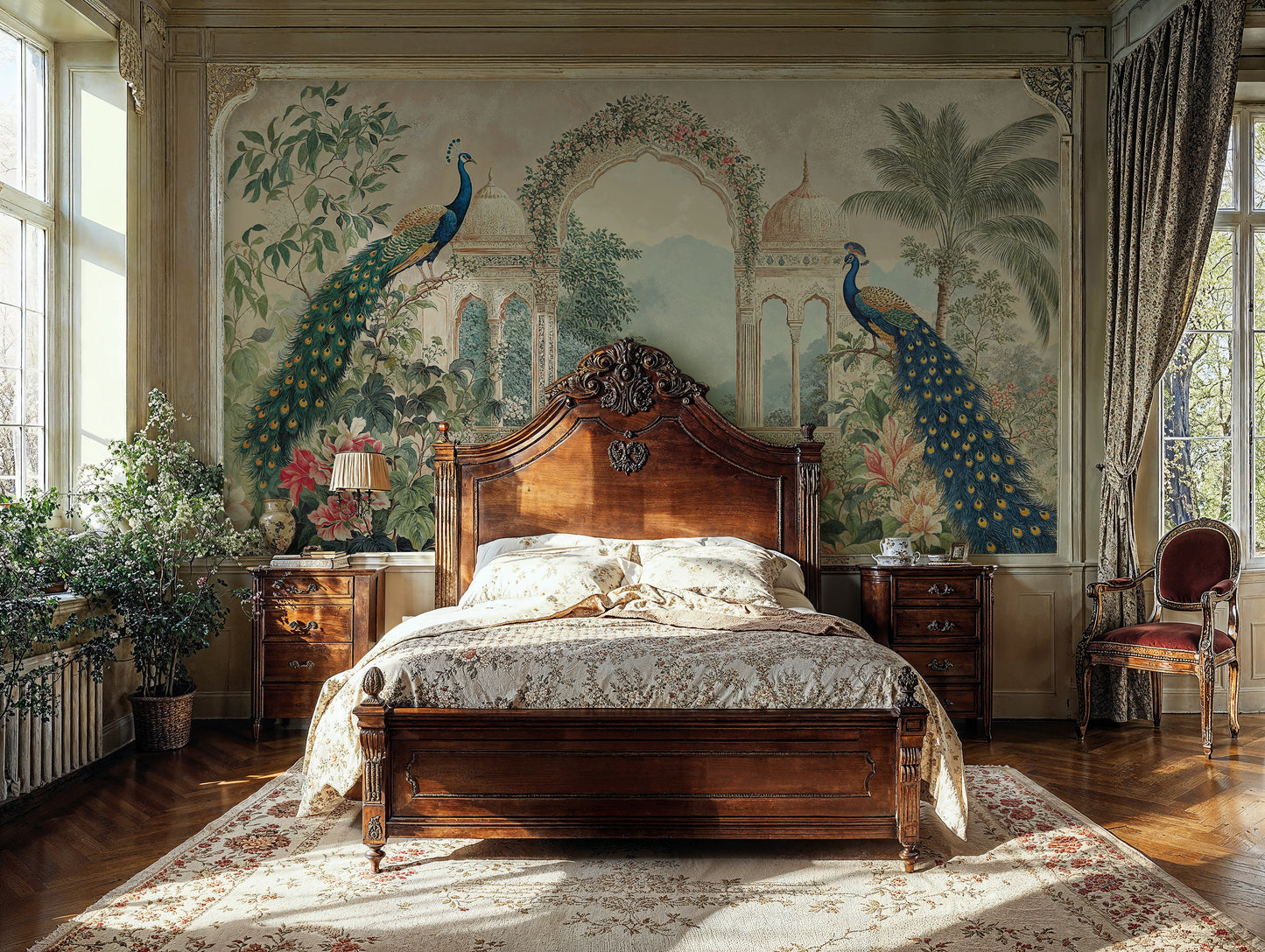 Exotic Peacock Paradise Wallpaper - Vintage Indian Arch Scene - WMH463